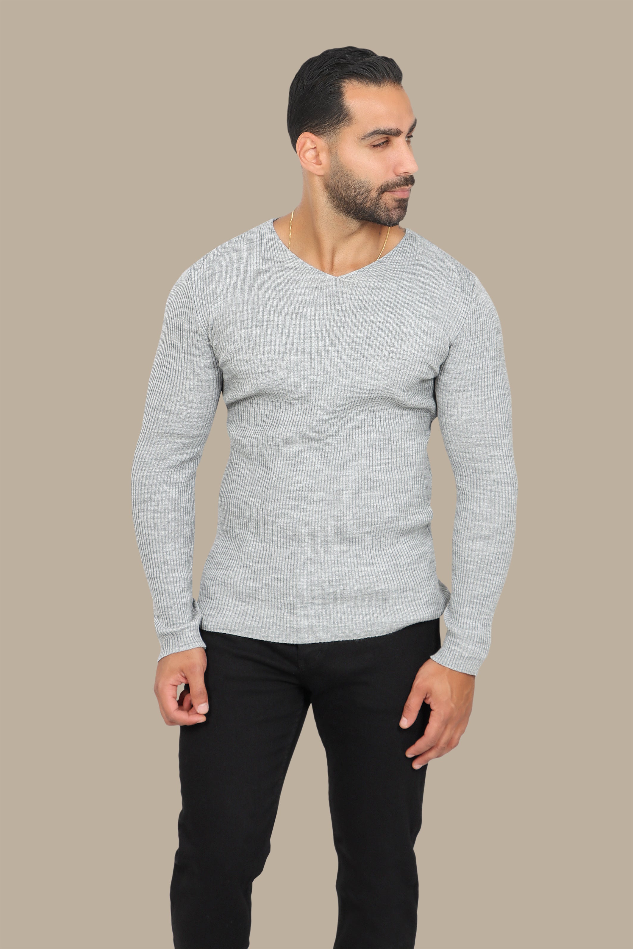 Gray Ribbed V-Neck Sweater