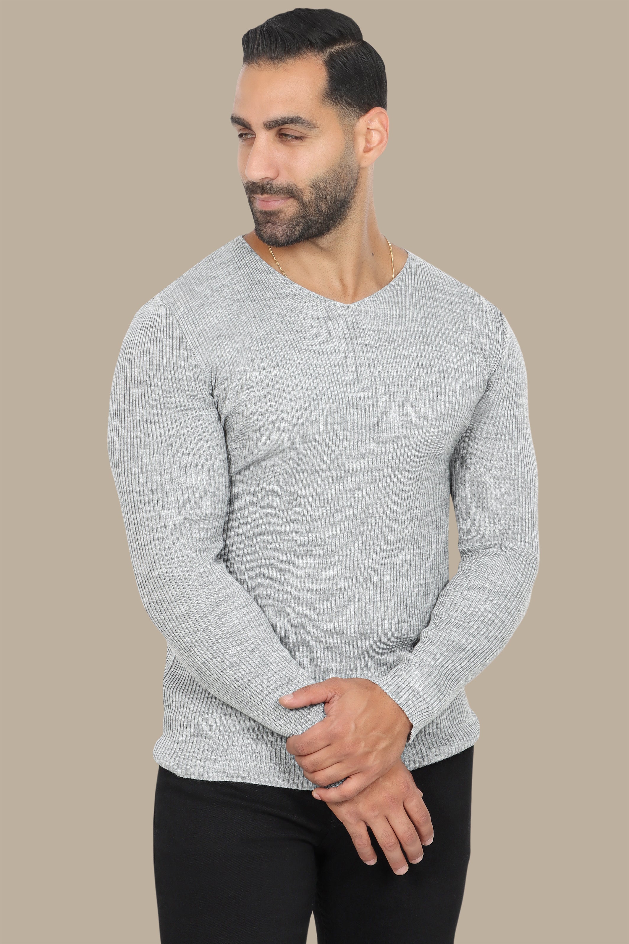 Gray Ribbed V-Neck Sweater