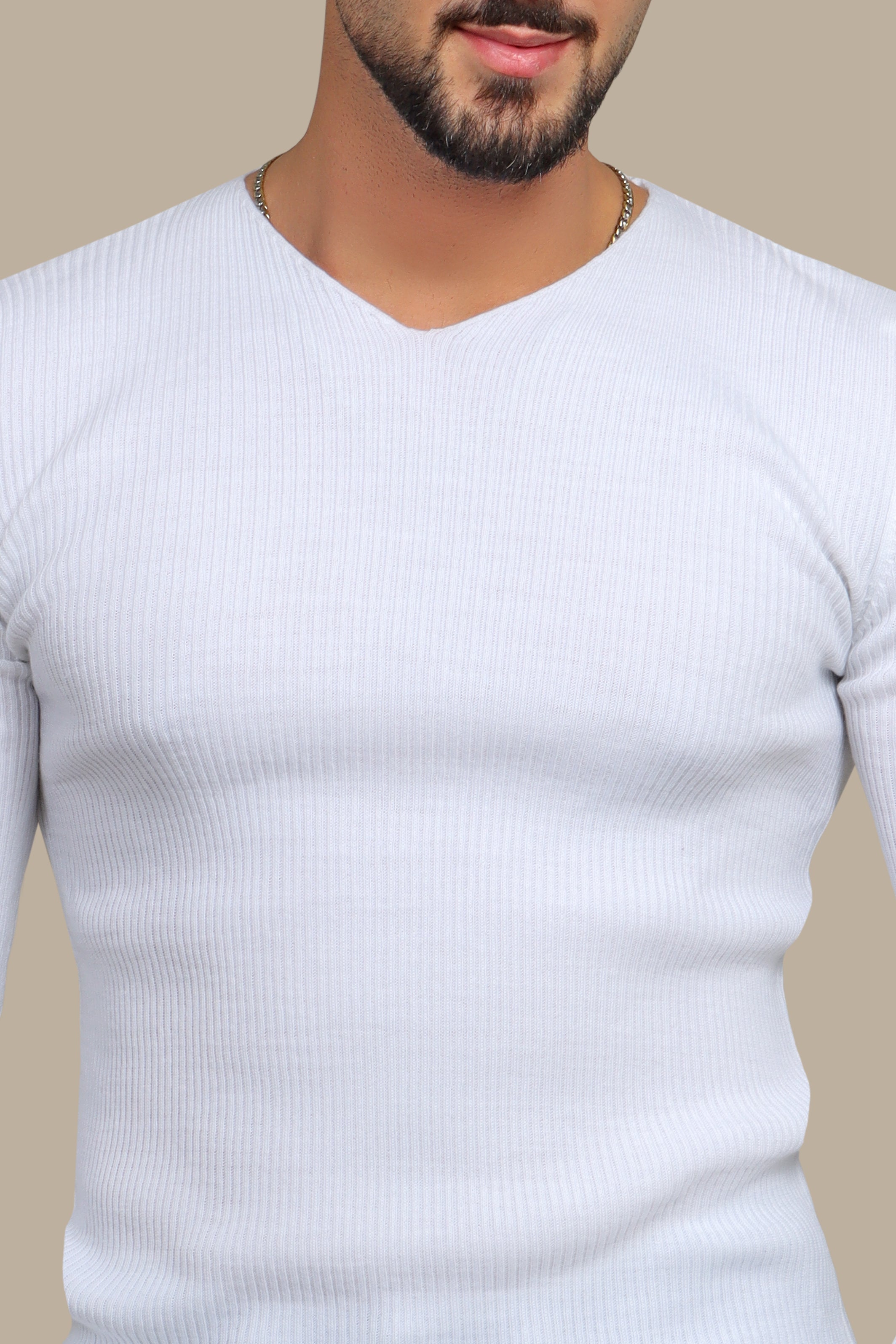 Classic White V-Neck Ribbed Sweater