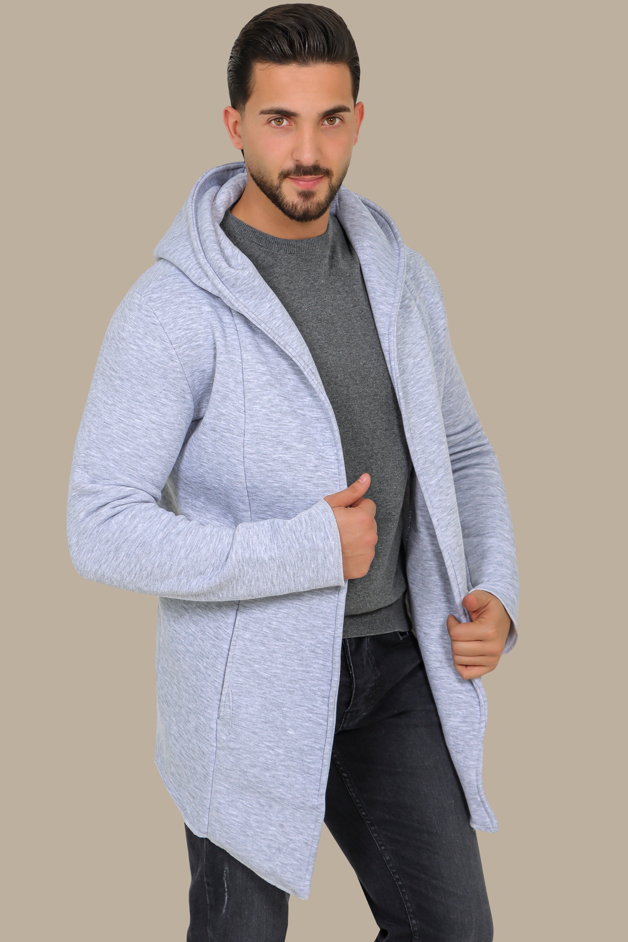 Grey Fleece Long Cardigan with Hood