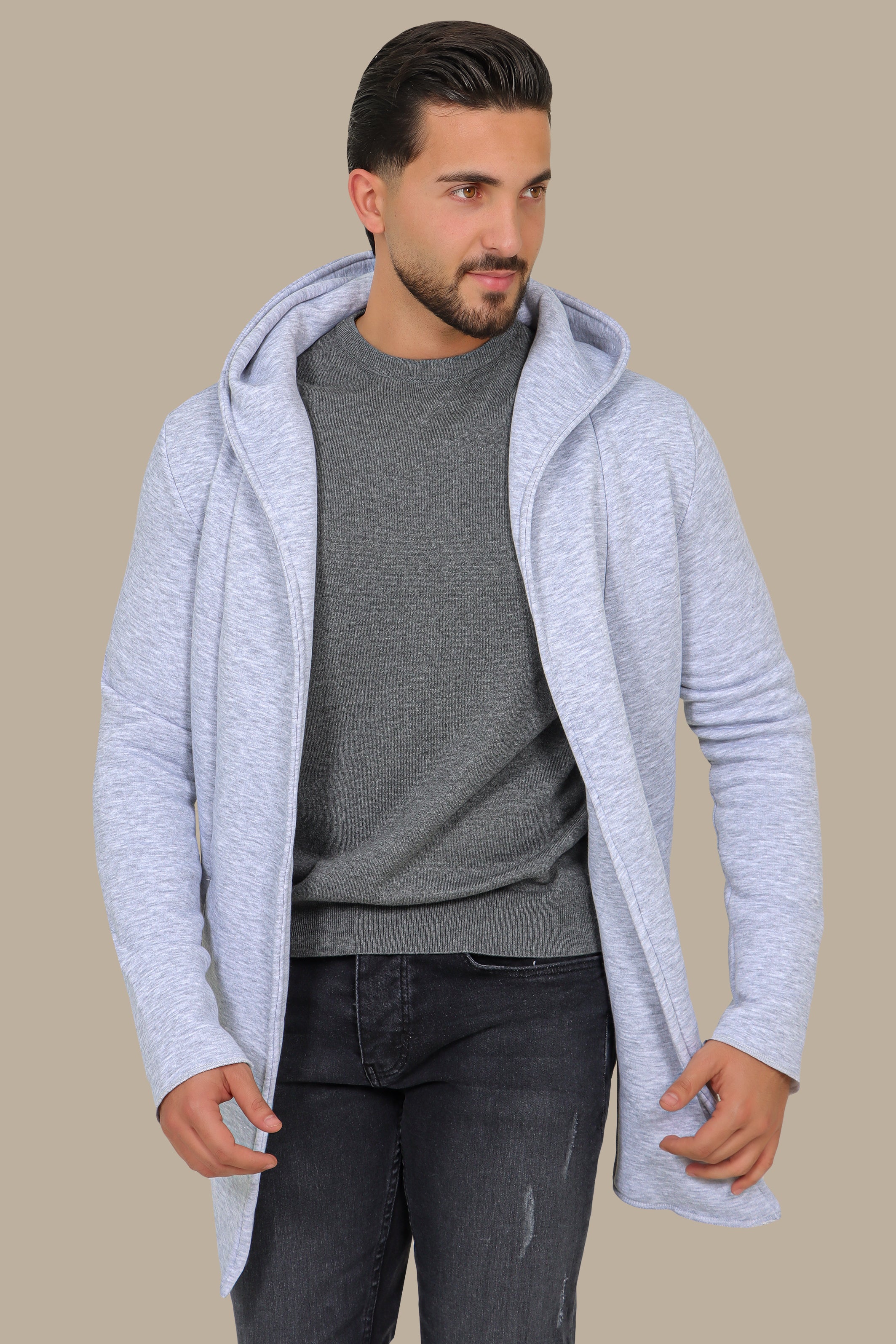 Grey Fleece Long Cardigan with Hood