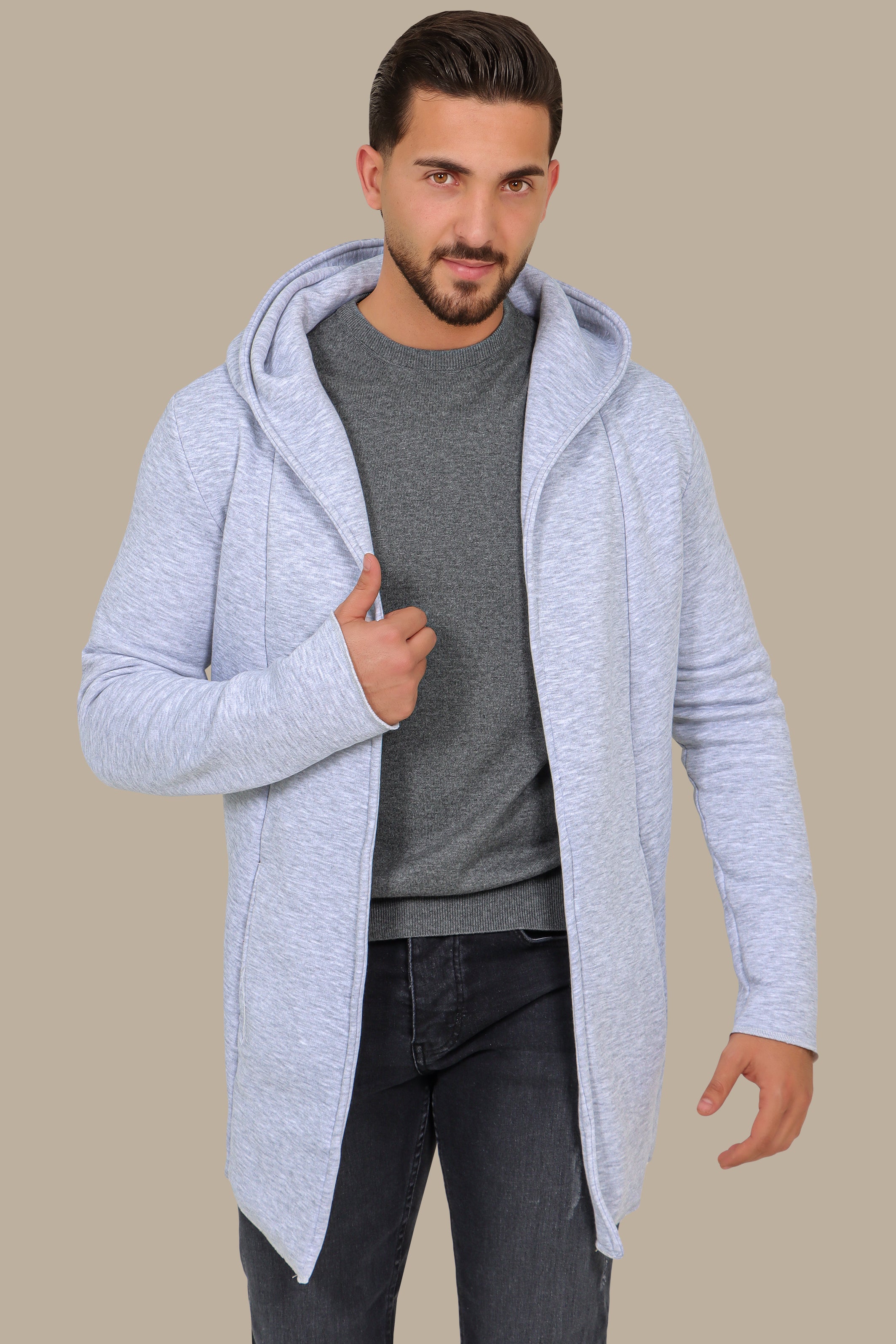 Grey Fleece Long Cardigan with Hood