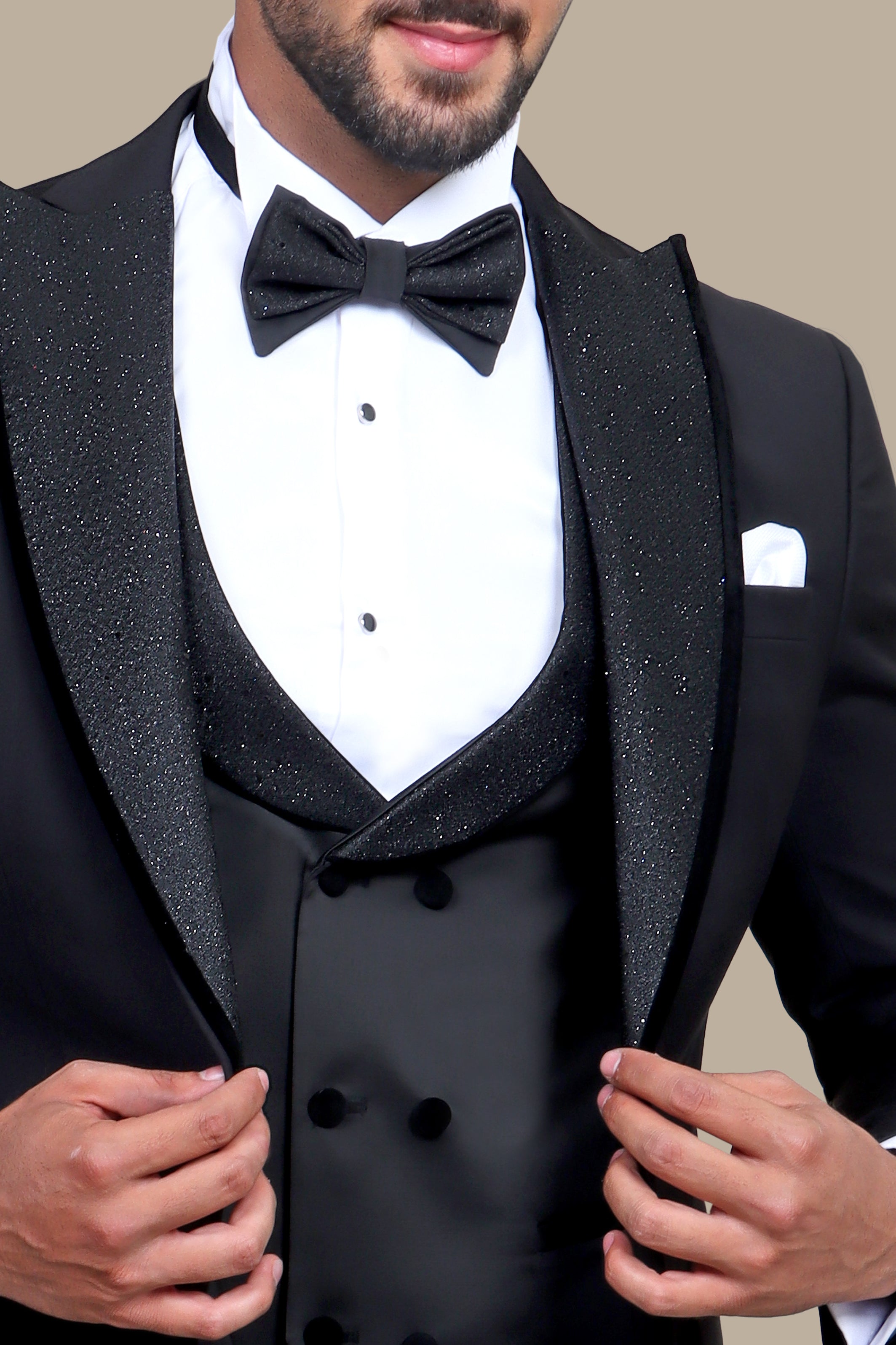 Shine in the Night: Black Tuxedo with Glitter Collar 4-Piece Set