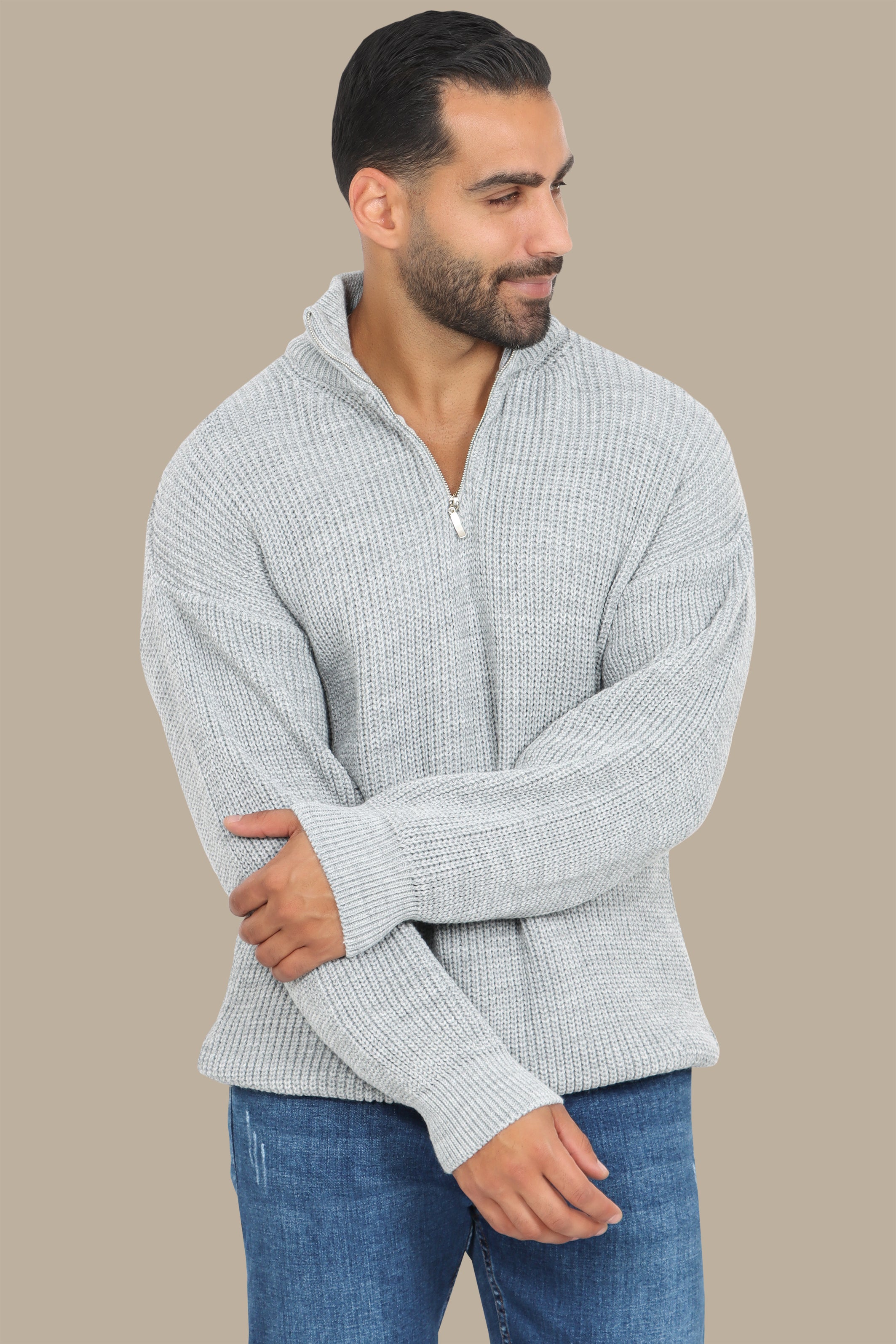 Grey Half-Zipper Plain Mercerized Sweater