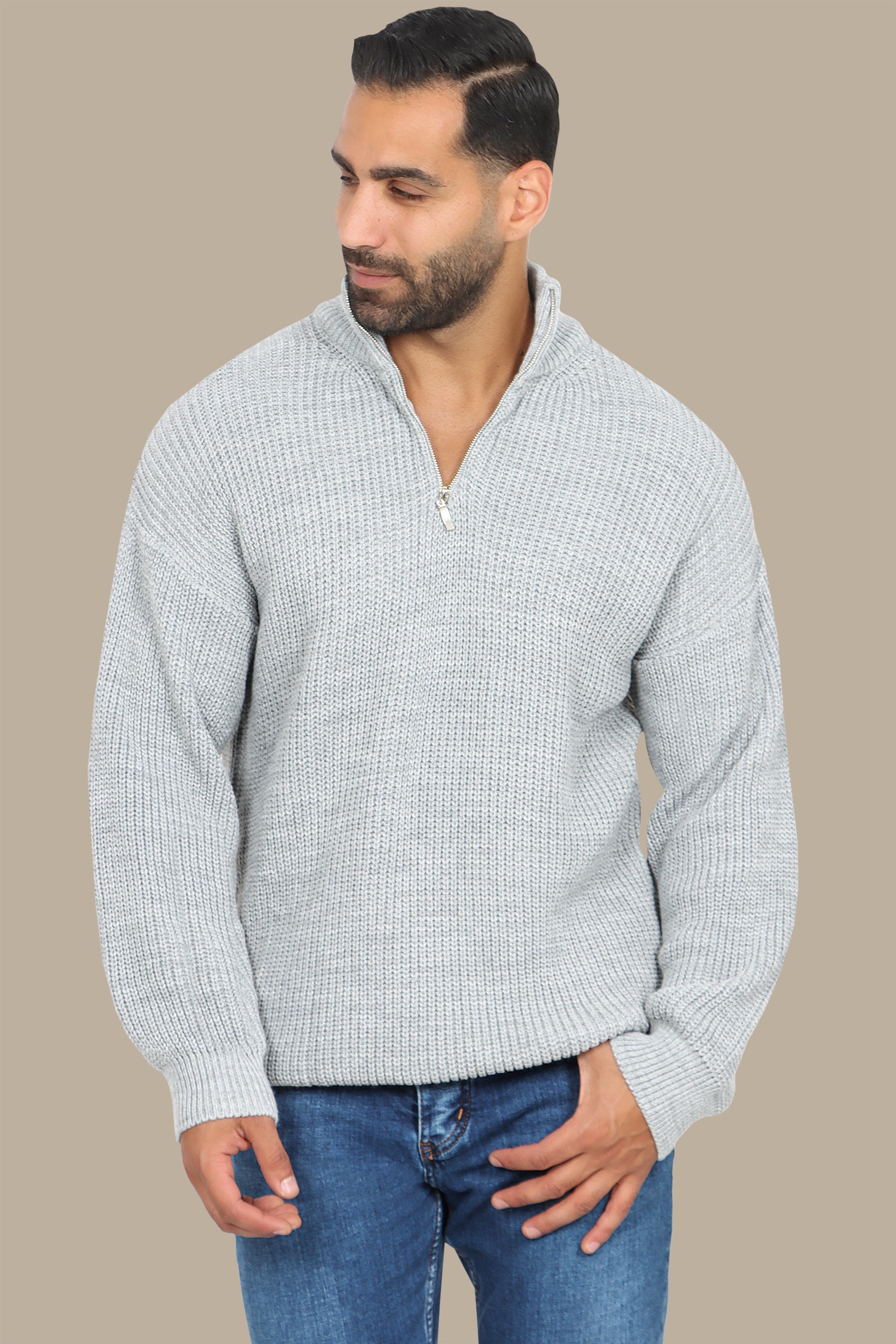 Grey Half-Zipper Plain Mercerized Sweater