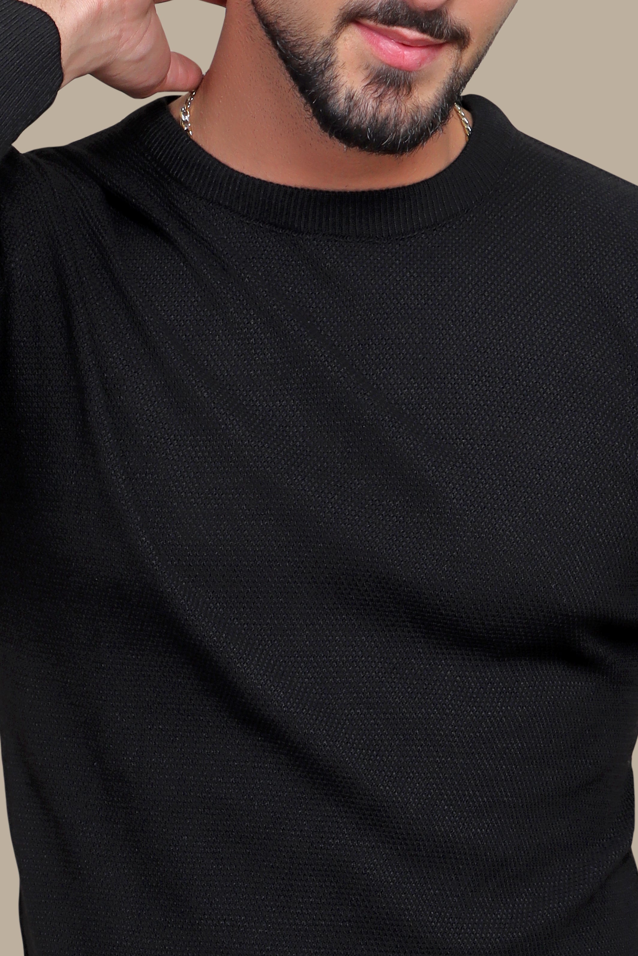 Black Round Neck Structured Sweater