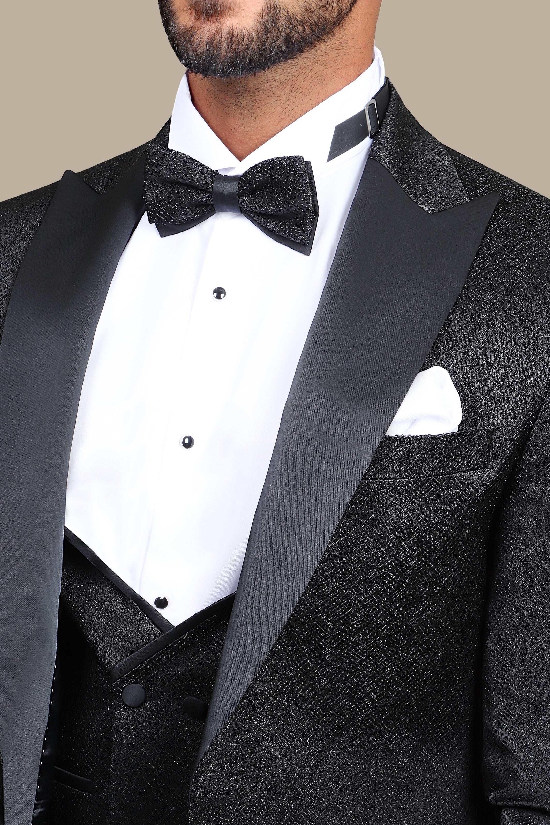 Starlight Elegance: 4-Piece Black Tuxedo Set with Shiny Peak Pattern