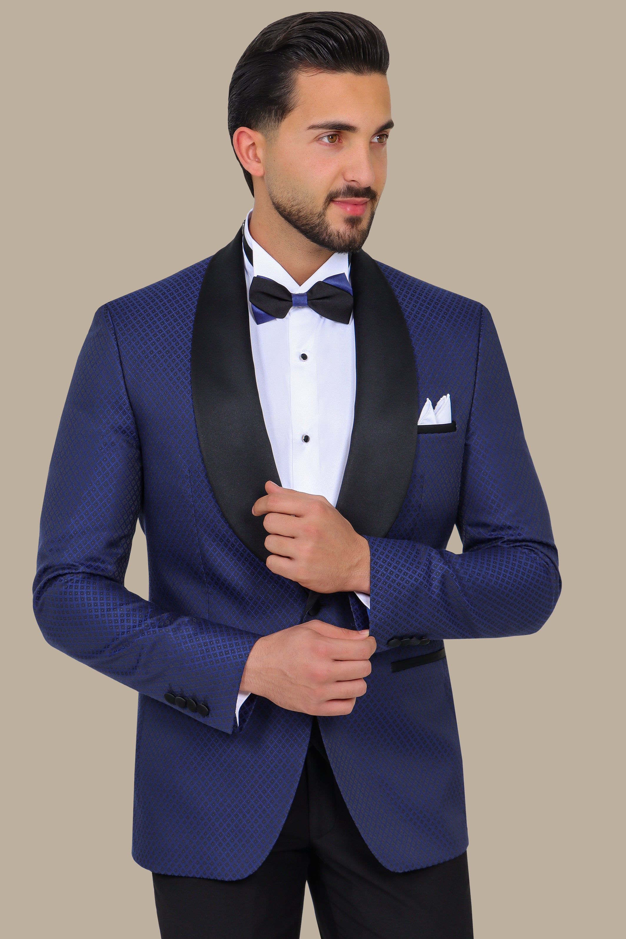 Indigo Elegance: Tuxedo FV Pattern 3-Piece Set