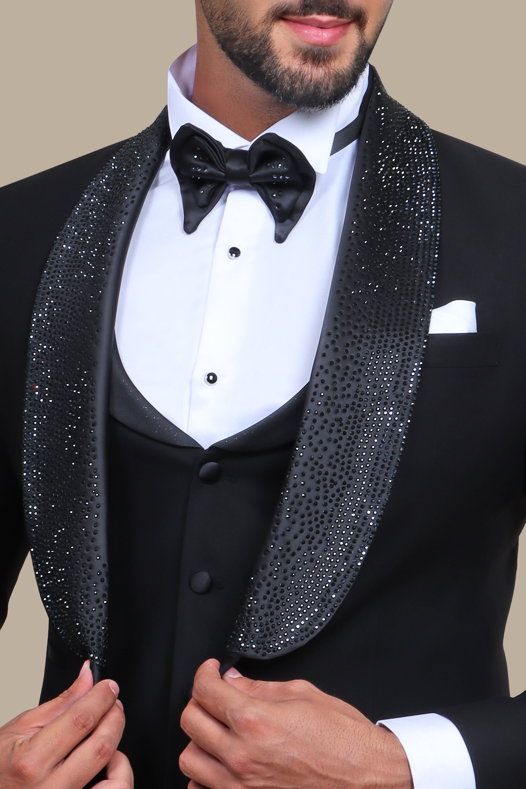 Elegant Black Tuxedo with Strass Shawl Collar - 4 Piece Set