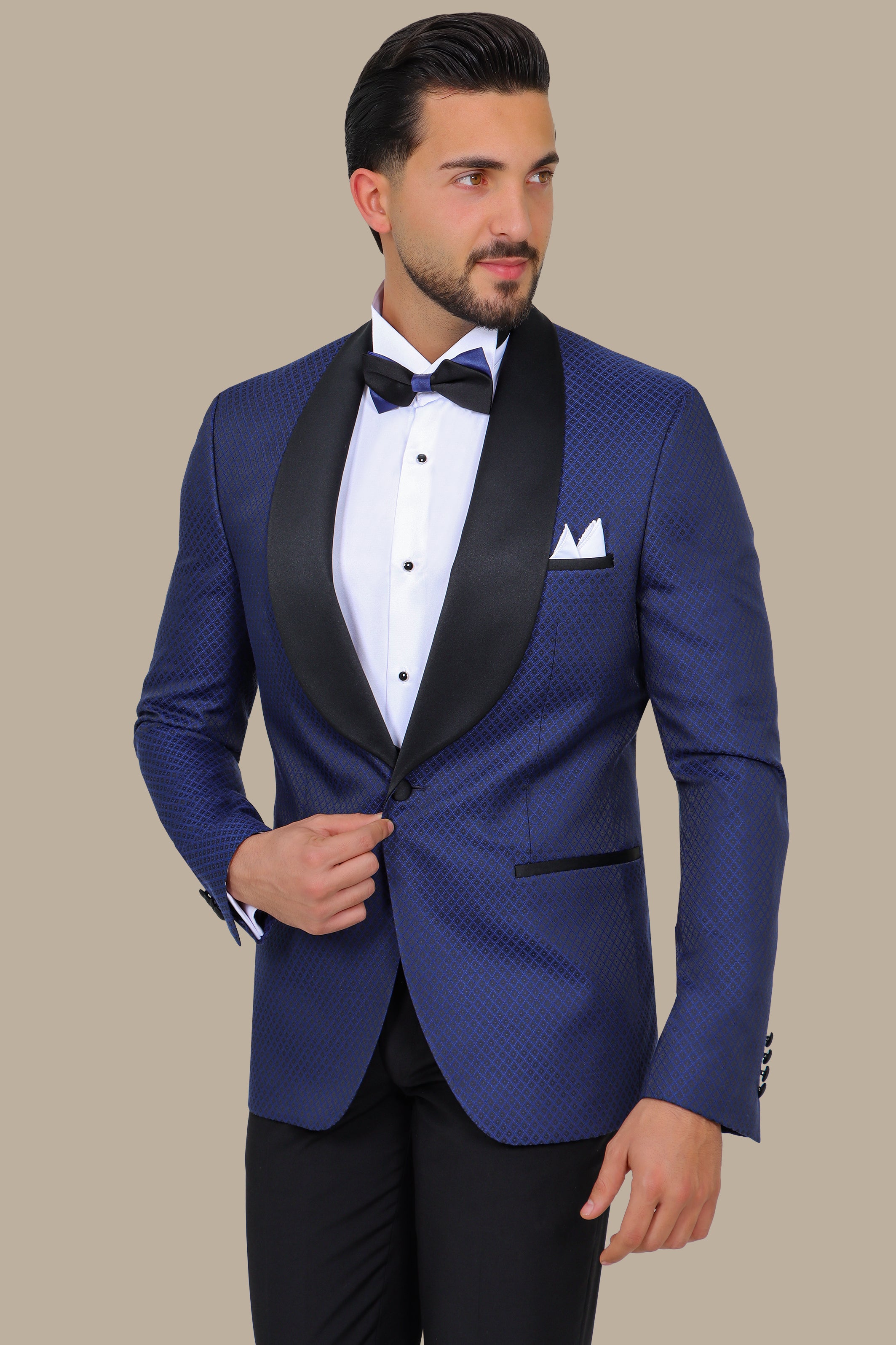 Indigo Elegance: Tuxedo FV Pattern 3-Piece Set