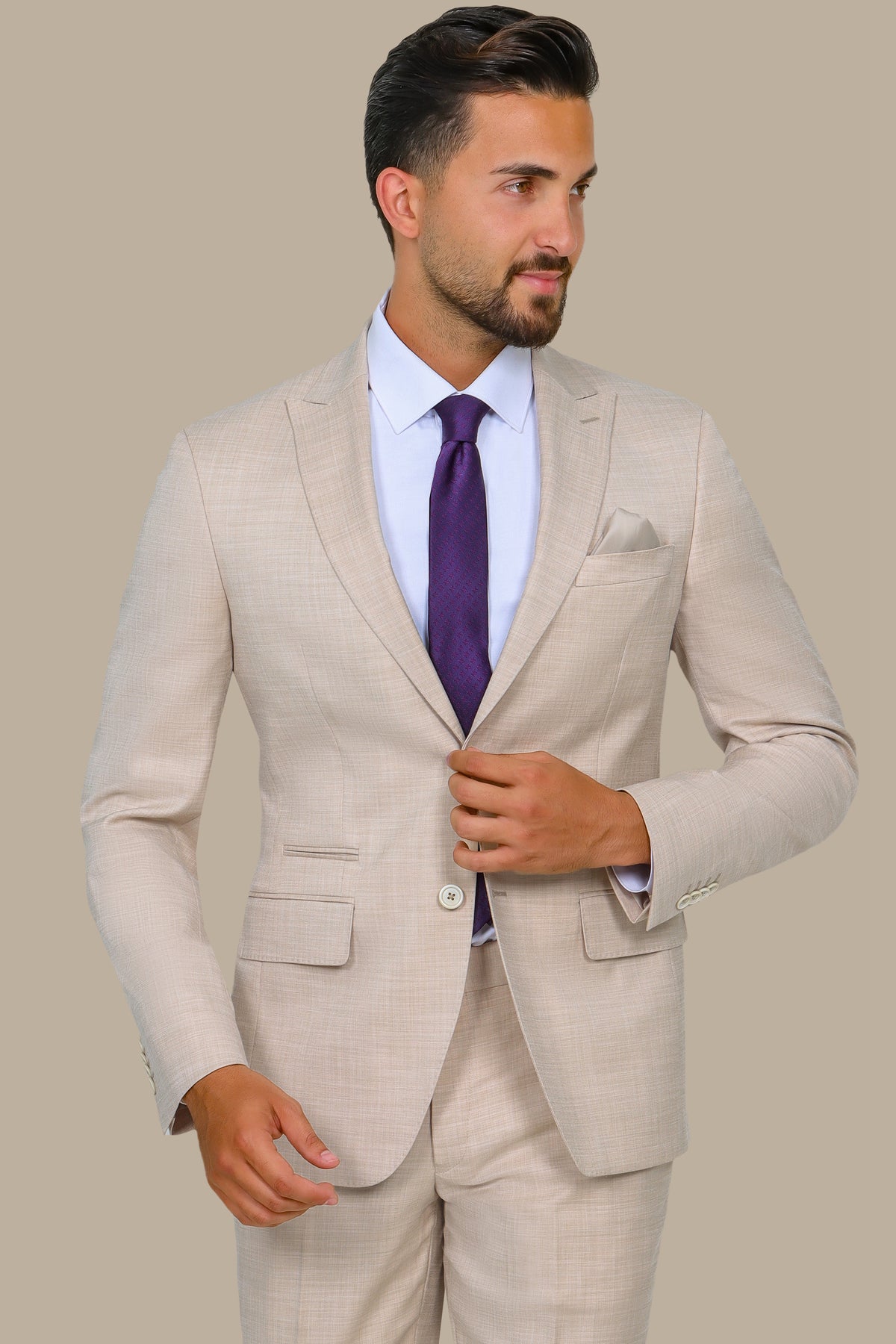 Light Beige Peak Lapel Suit Fil à Fil