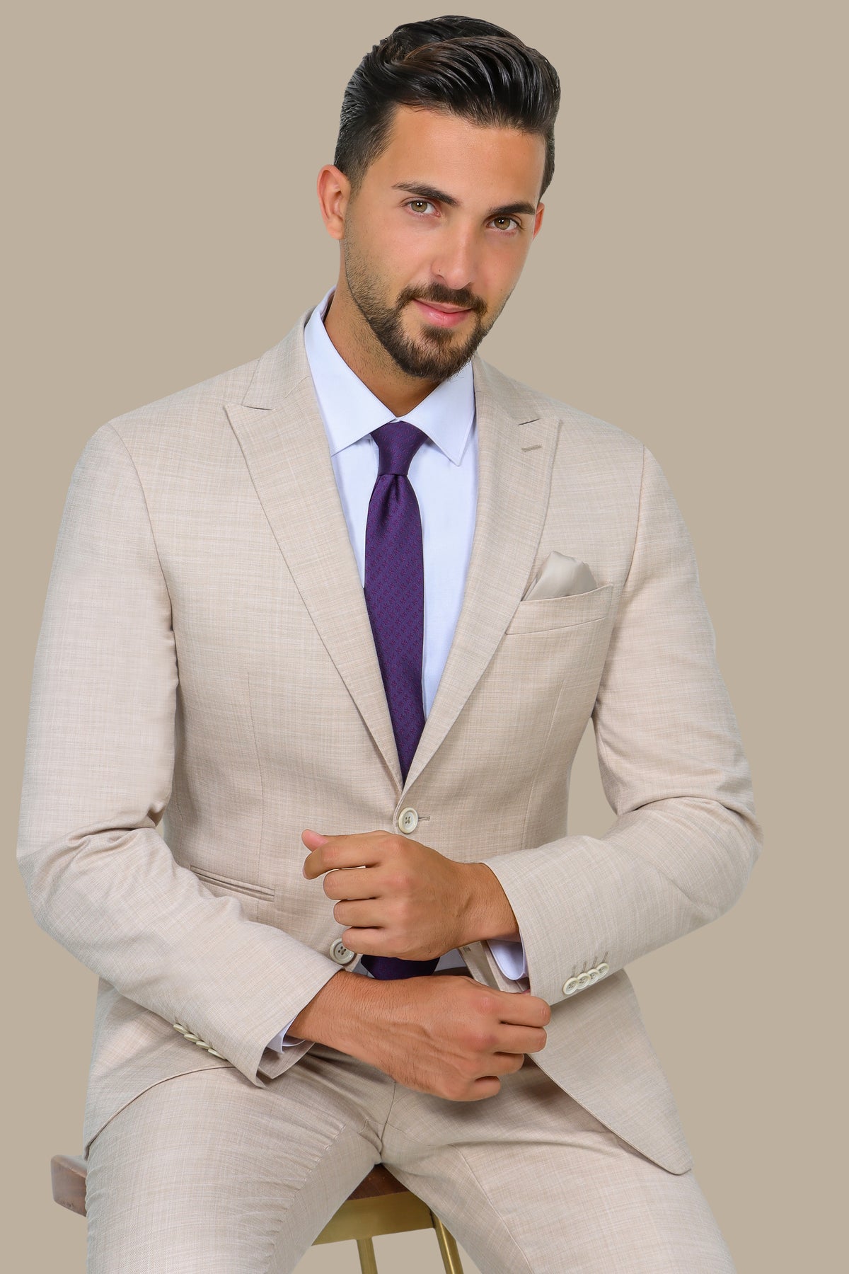 Light Beige Peak Lapel Suit Fil à Fil