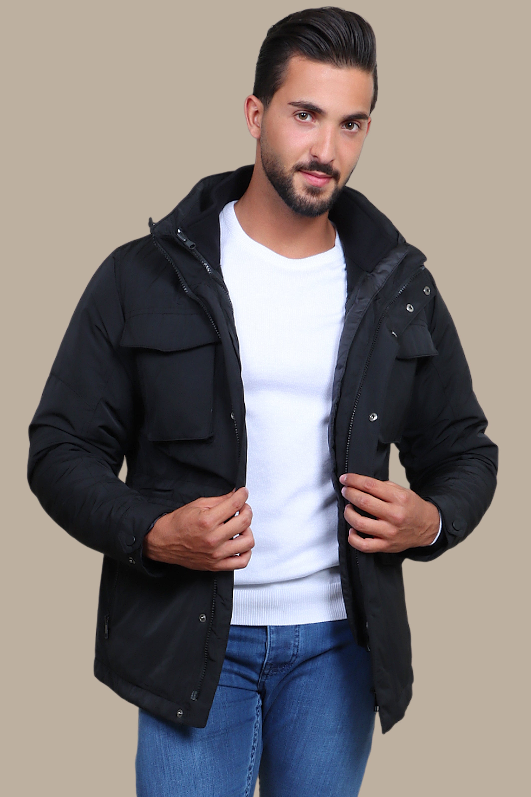 Black Windbreaker Jacket with Dual Oversized Pockets