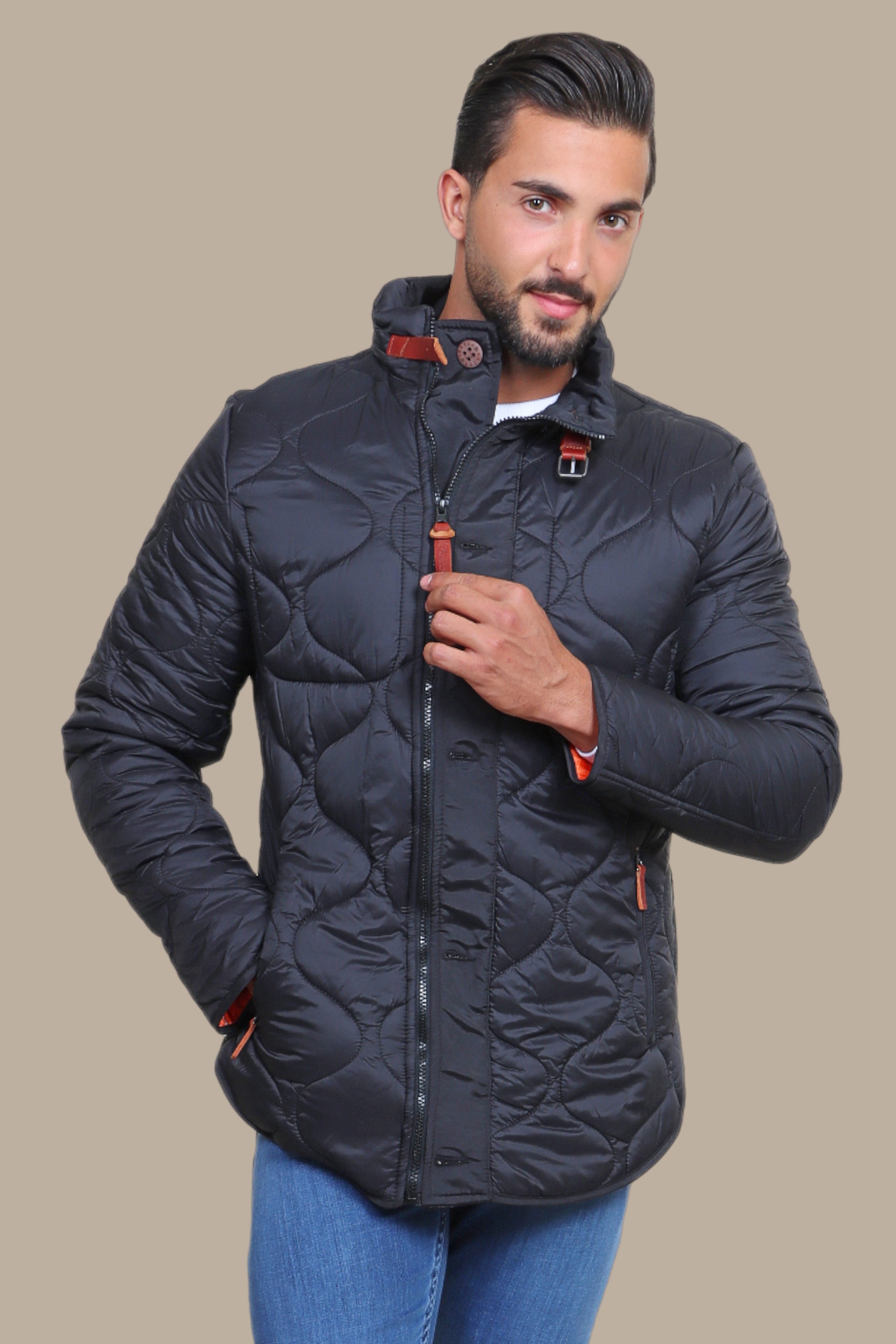 Black Quilted Puffer Jacket with Refined Detailing