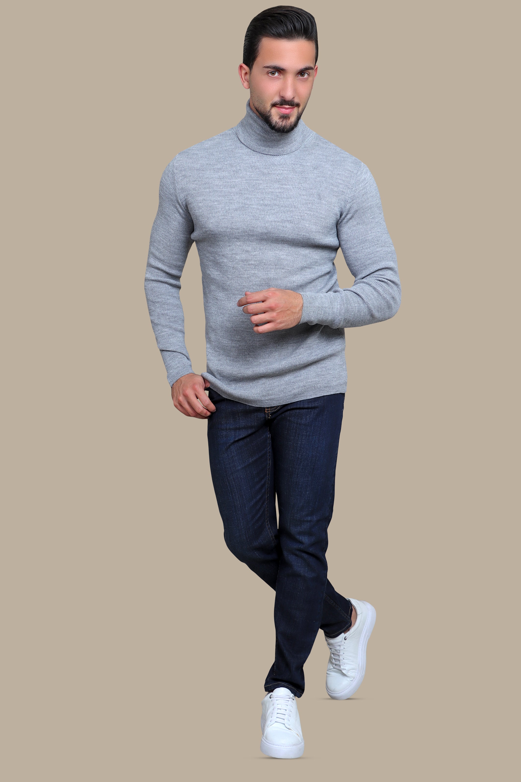 Grey Structured Turtle Neck Sweater