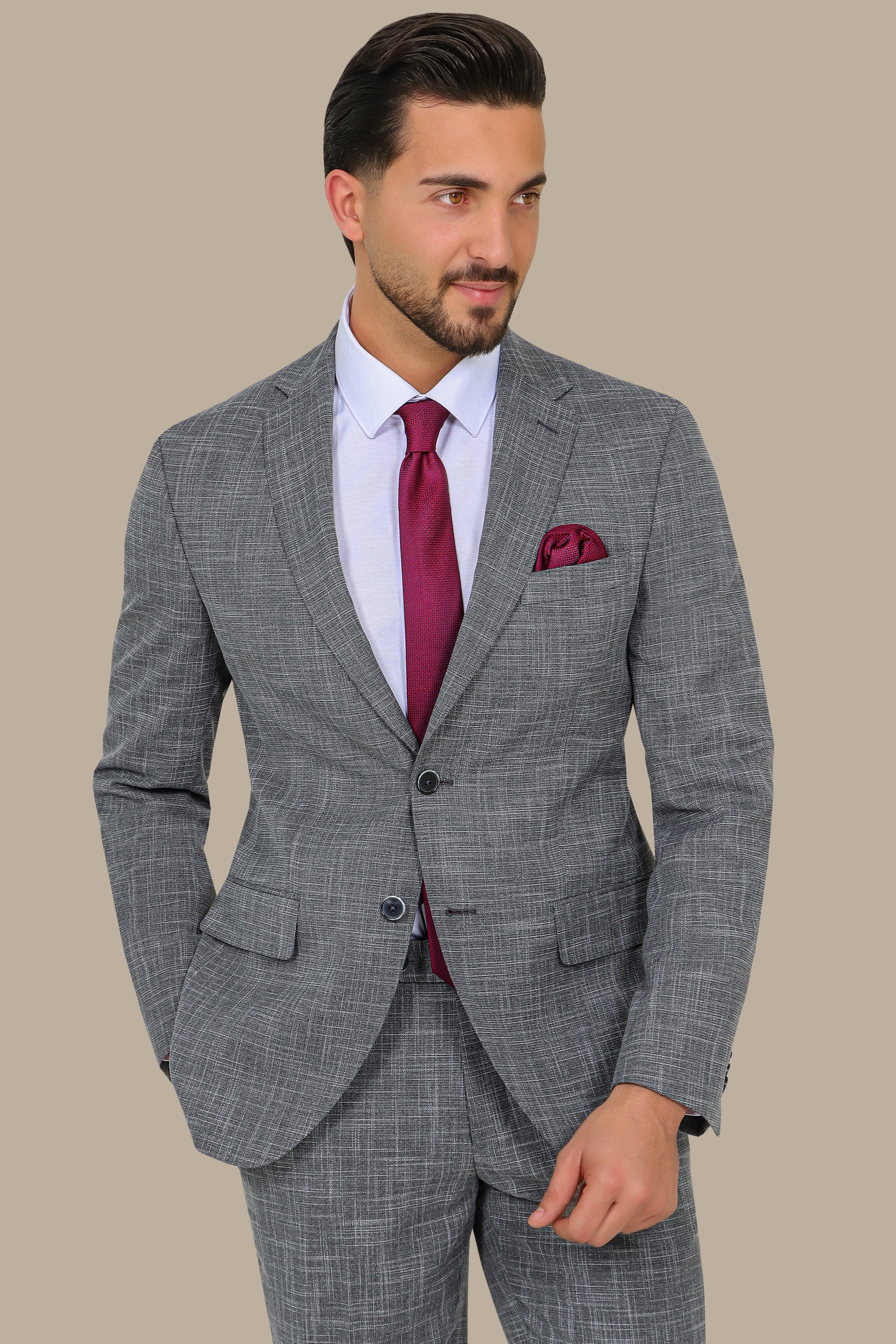 Grey Suit Fil a Fil with Notch Lapel