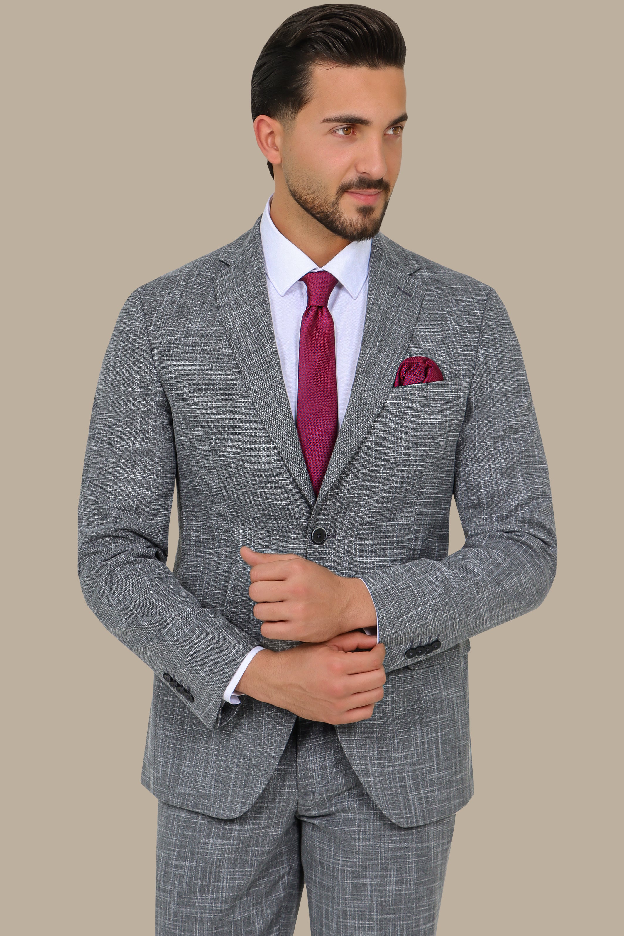 Grey Suit Fil a Fil with Notch Lapel