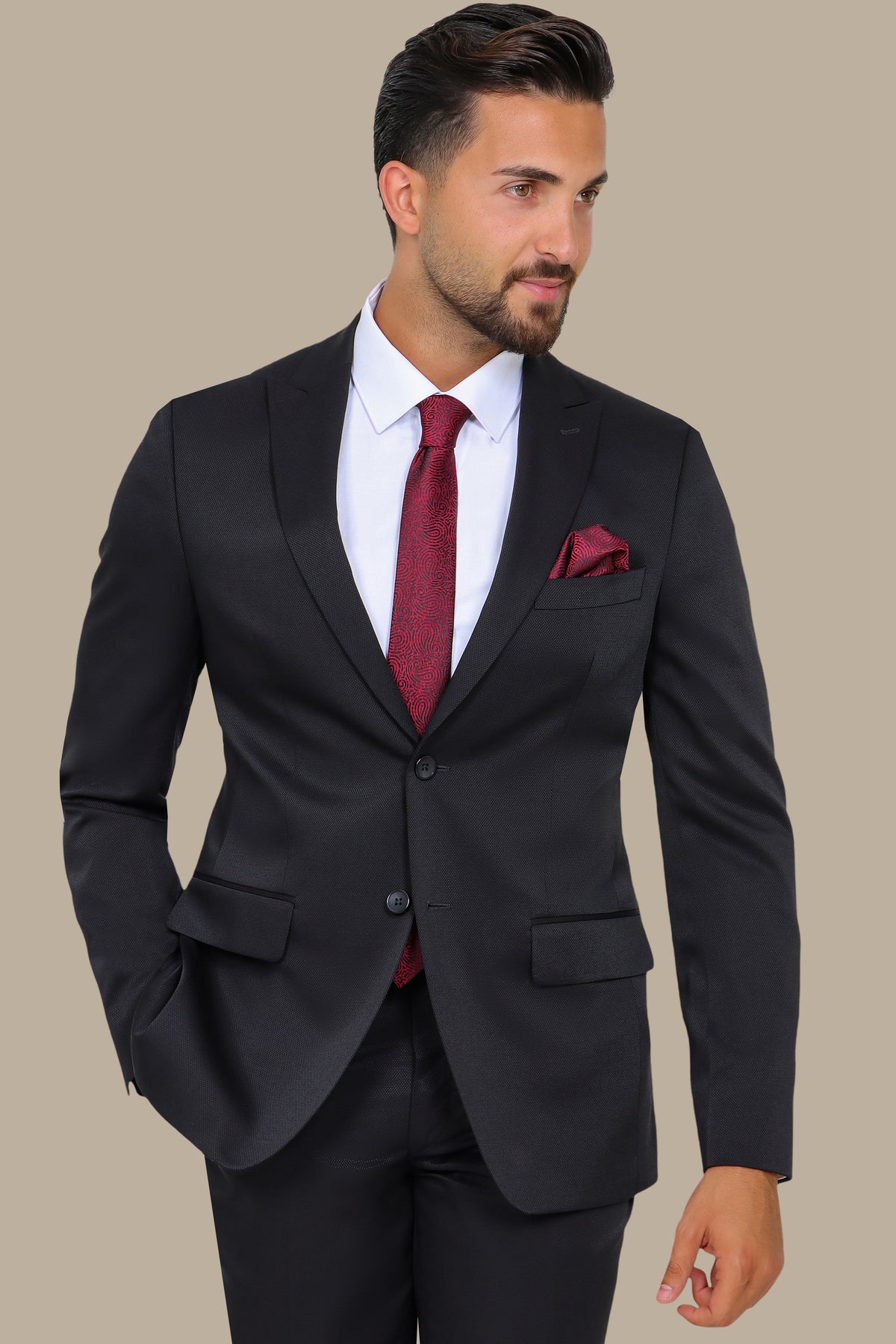 Black Piqué Suit with Peak Lapel — Timeless Power