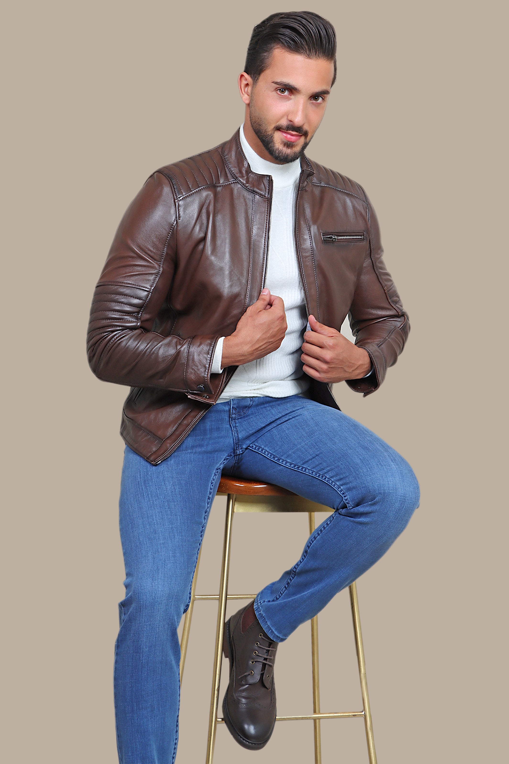 Triple-Zip brown Leather Collarless Jacket