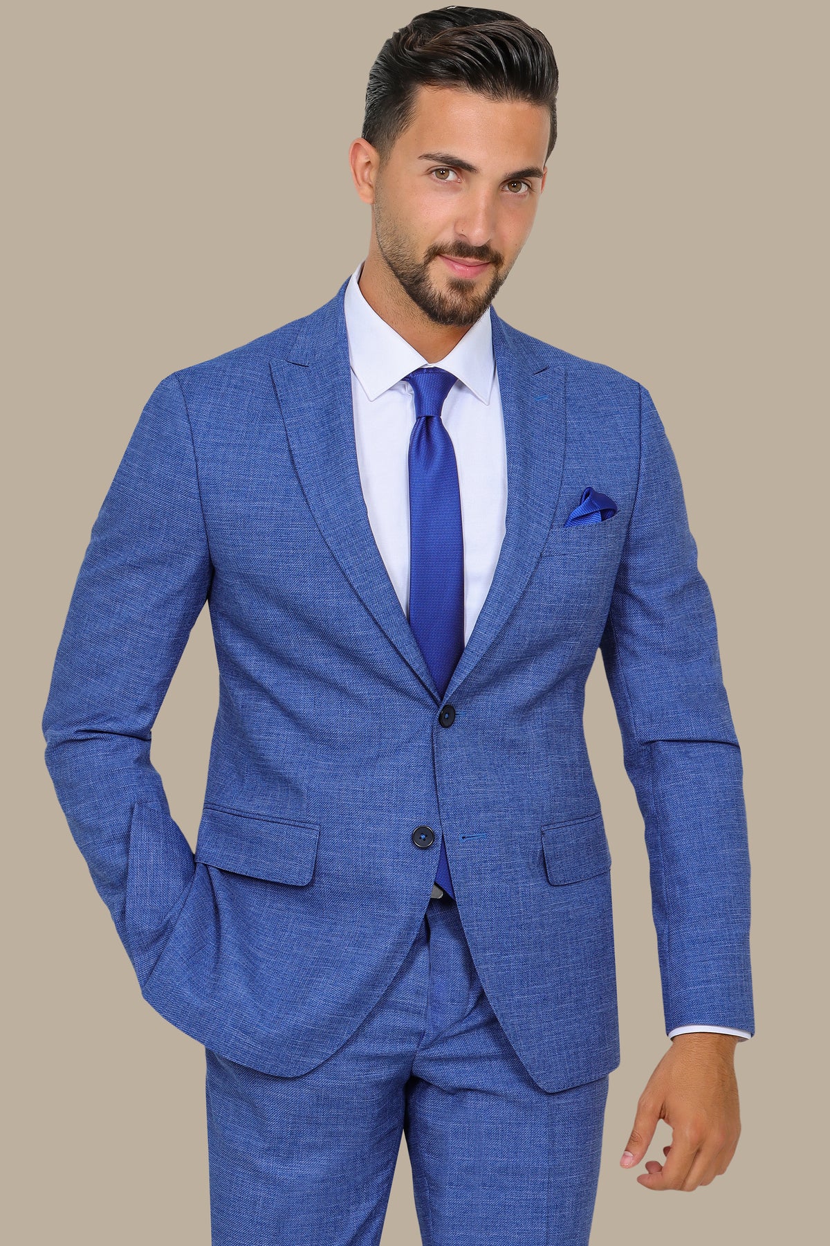 Dark Blue Fil à Fil Suit with Peak Lapel — Bold Sophistication