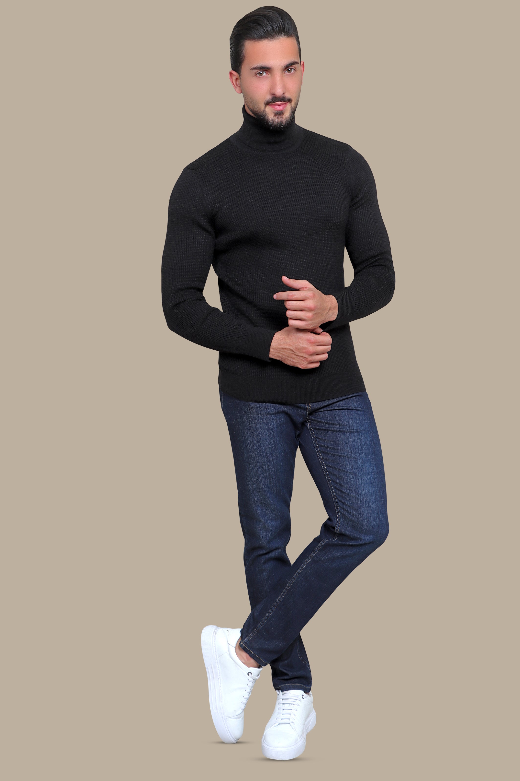 Opulent Noir: Structured Black Turtle Neck Sweater