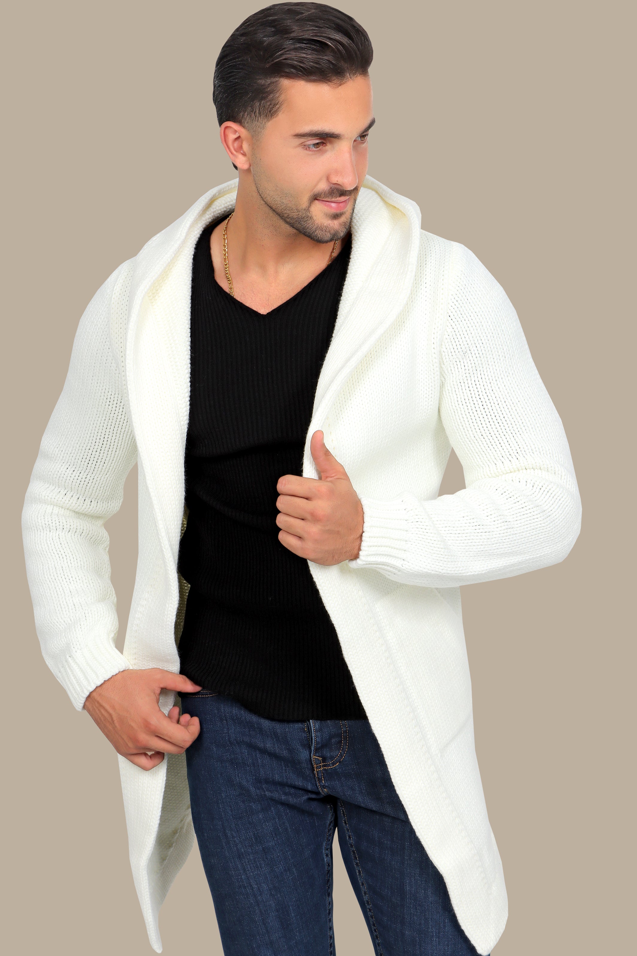 Chic Comfort: White Mercerized Cotton Cardigan with Hat