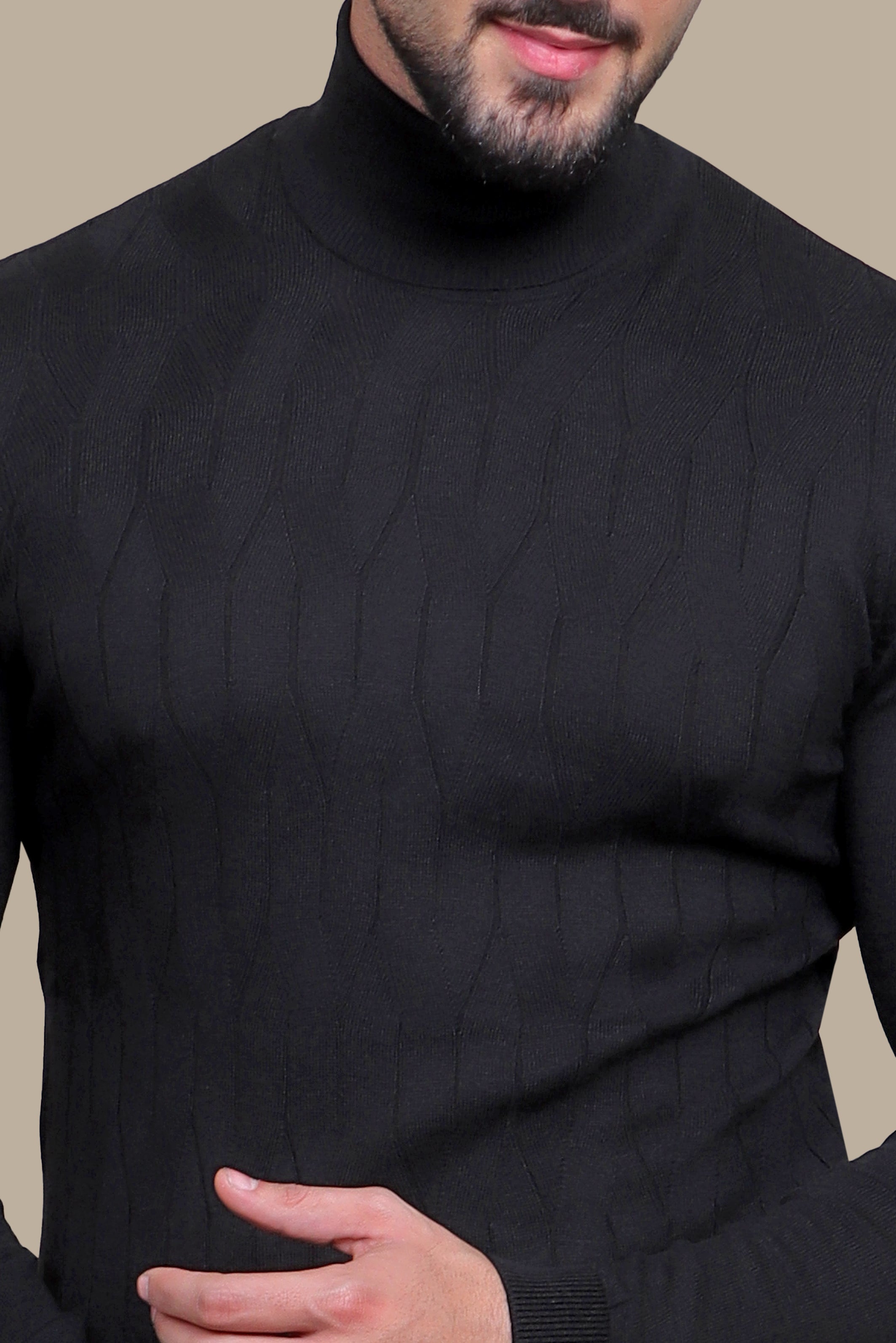 Classic Black Braided Turtleneck Sweater