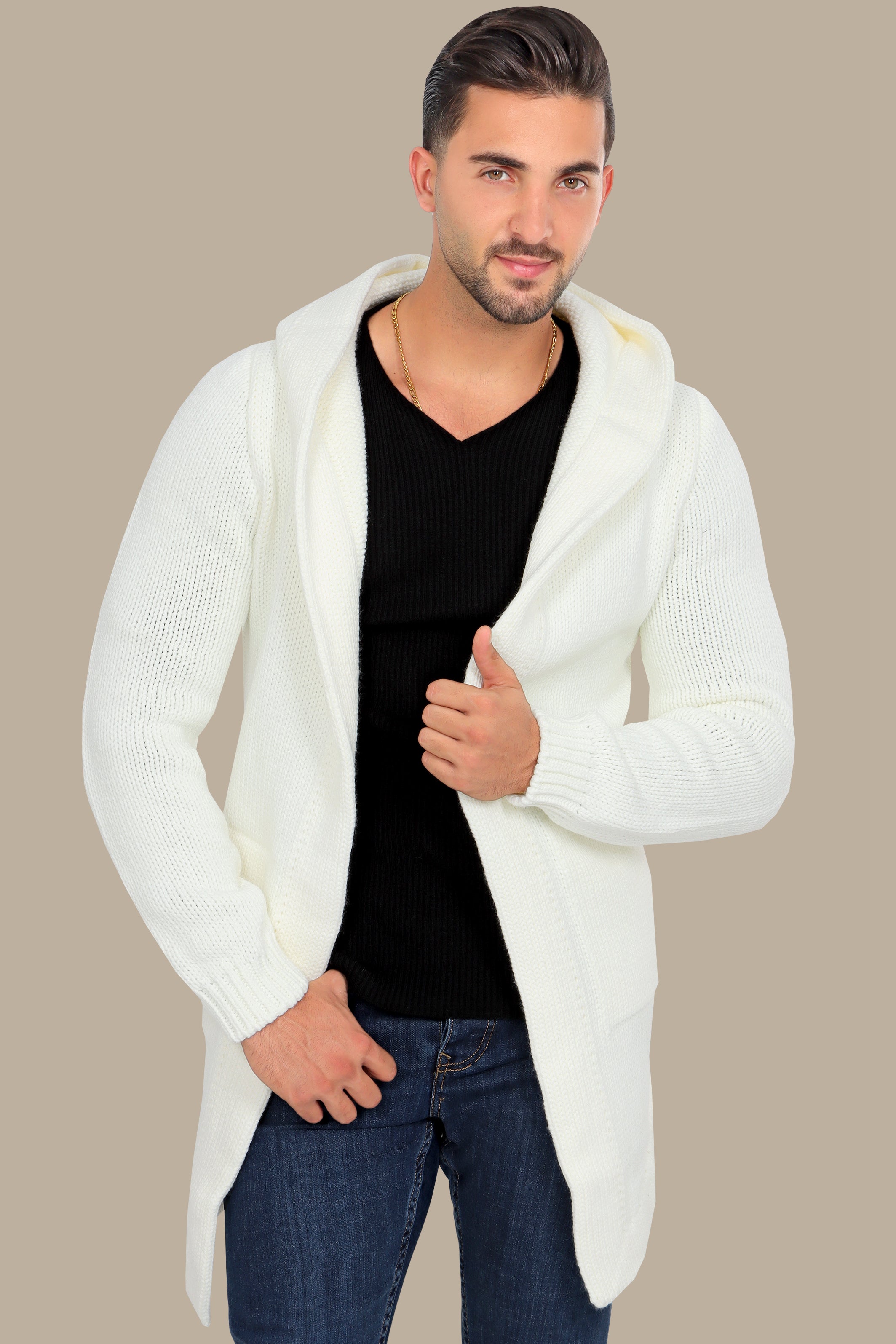 Chic Comfort: White Mercerized Cotton Cardigan with Hat