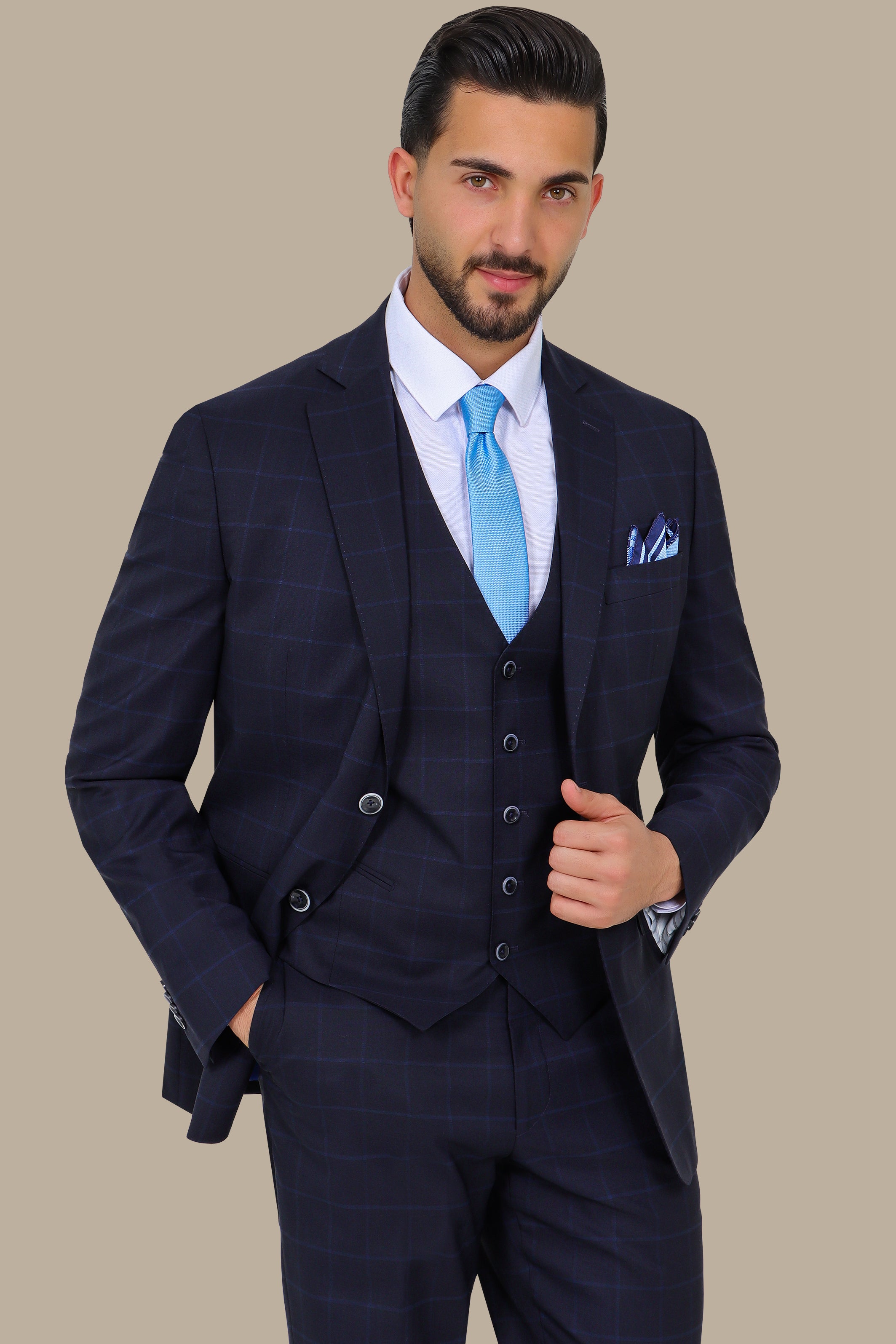 Navy Wool Checked Regular Fit 3-Piece Suit