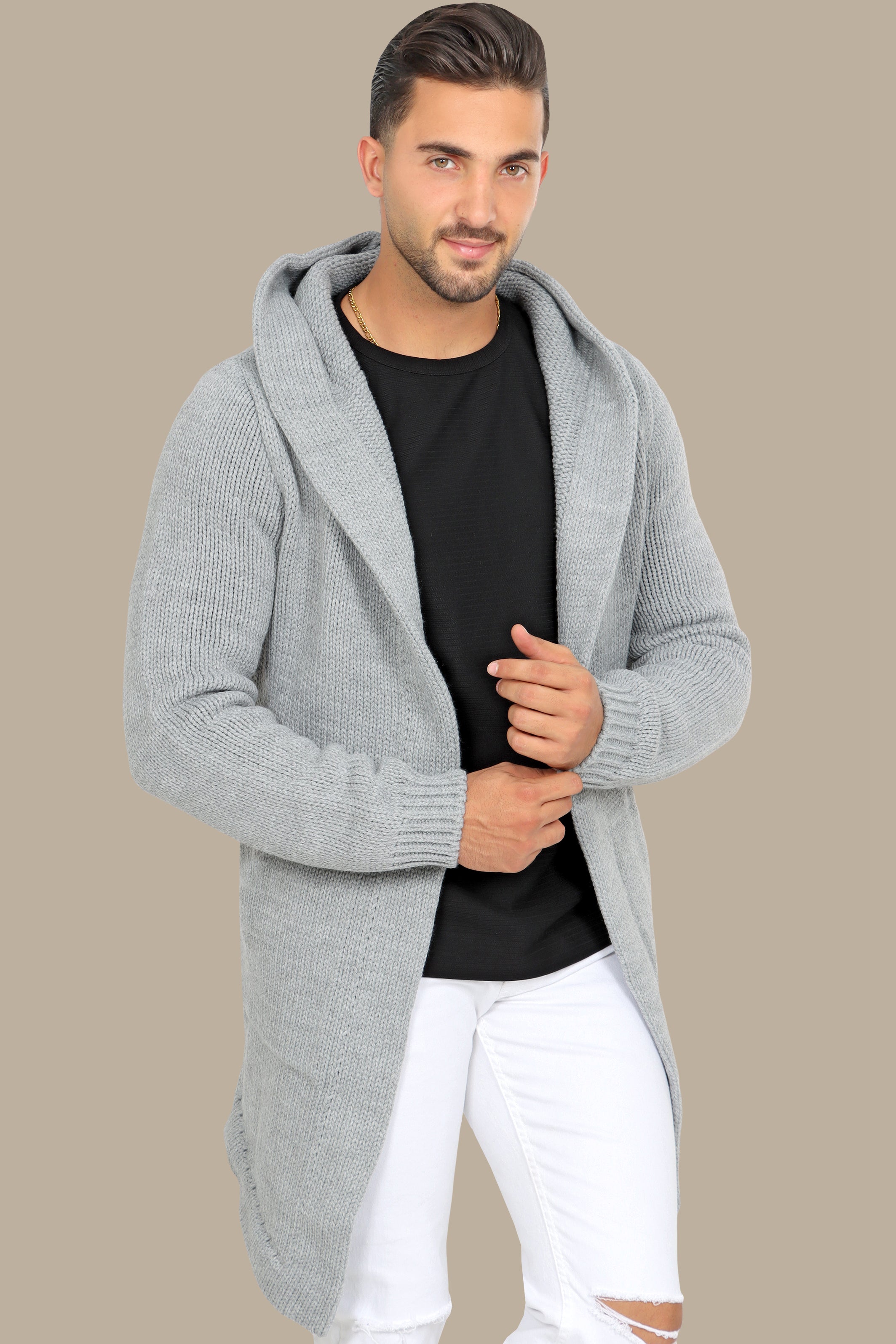 Chic Comfort: Grey Mercerized Cotton Cardigan with Hat