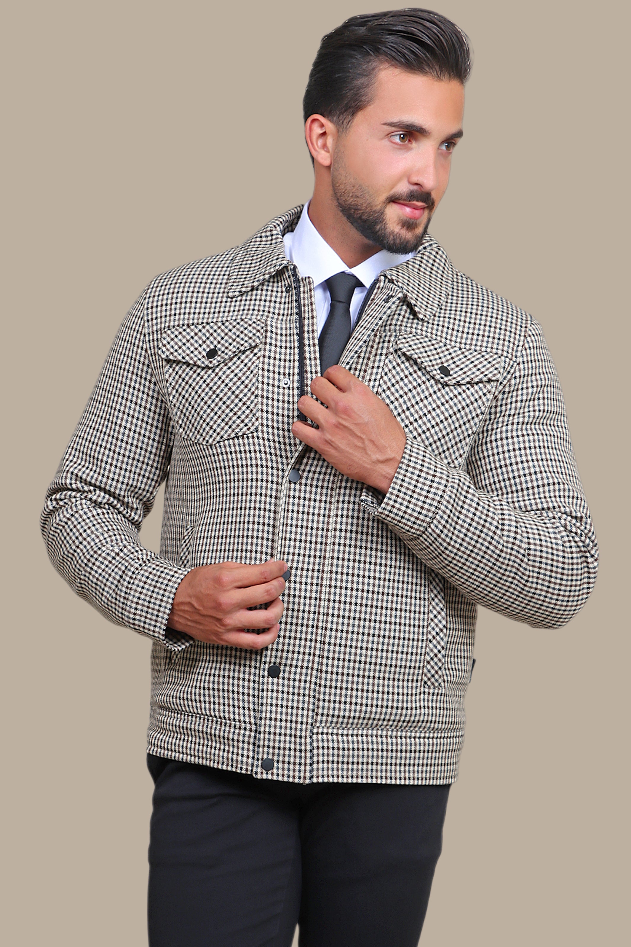 Brown Gingham Chic: A Jacket with Two Flap Pockets