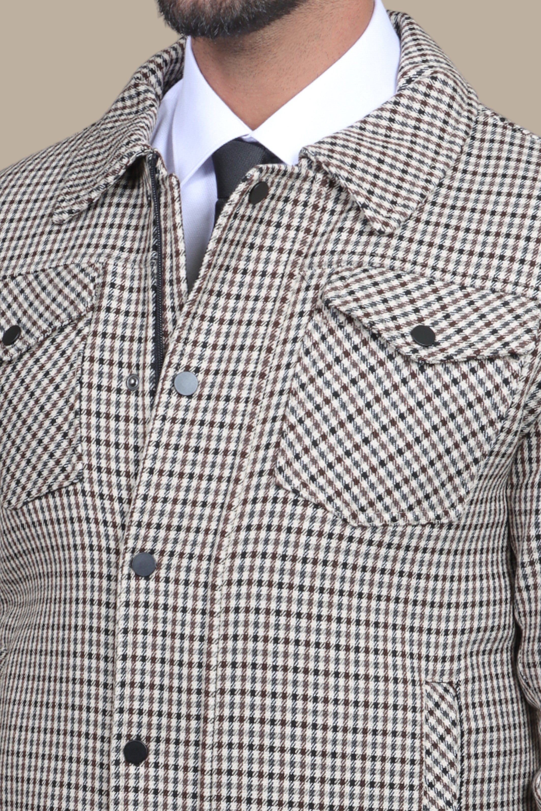 Brown Gingham Chic: A Jacket with Two Flap Pockets