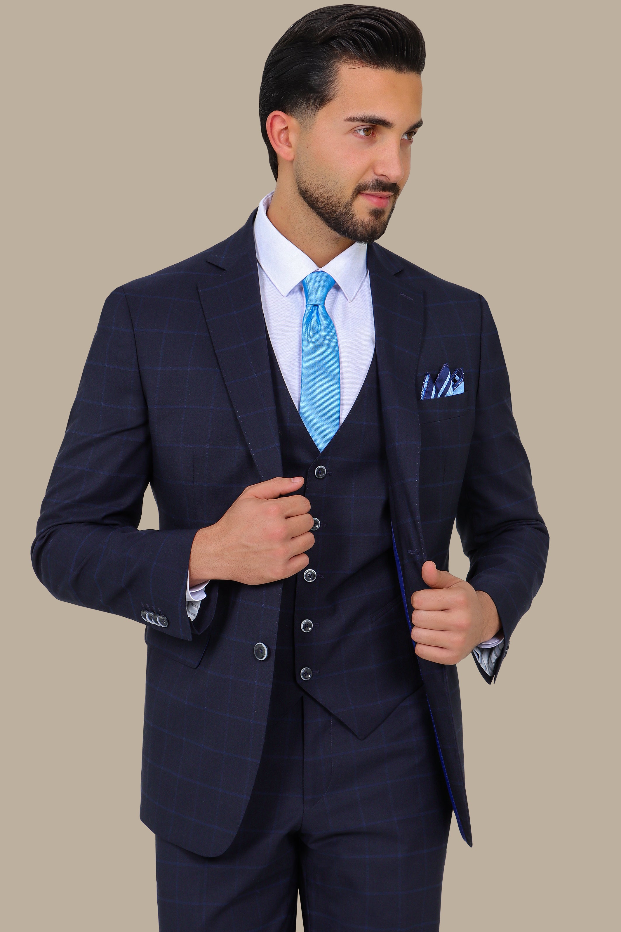 Navy Wool Checked Regular Fit 3-Piece Suit