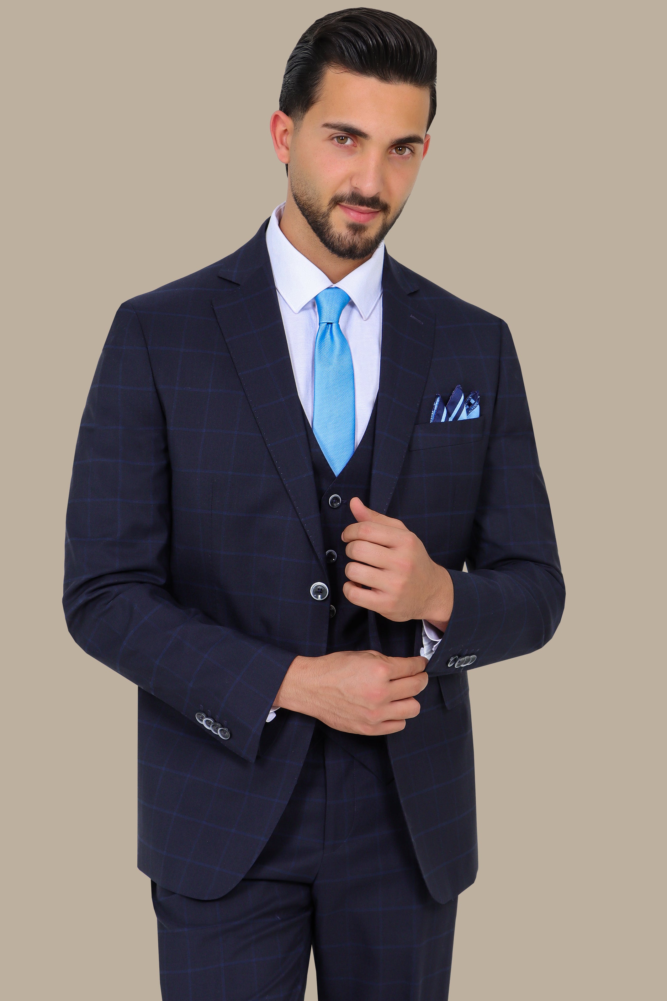 Navy Wool Checked Regular Fit 3-Piece Suit