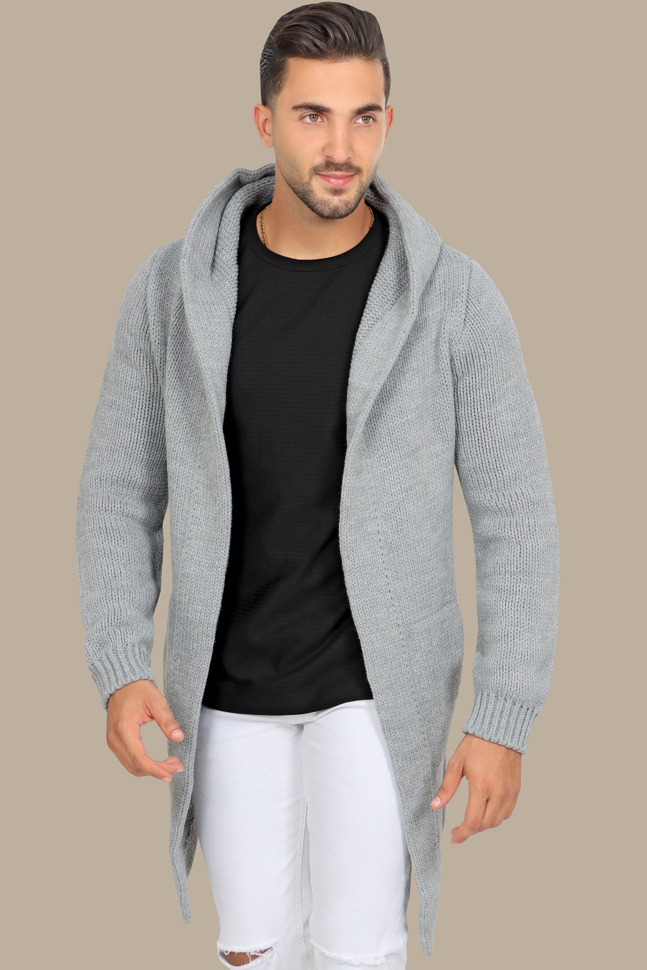 Chic Comfort: Grey Mercerized Cotton Cardigan with Hat