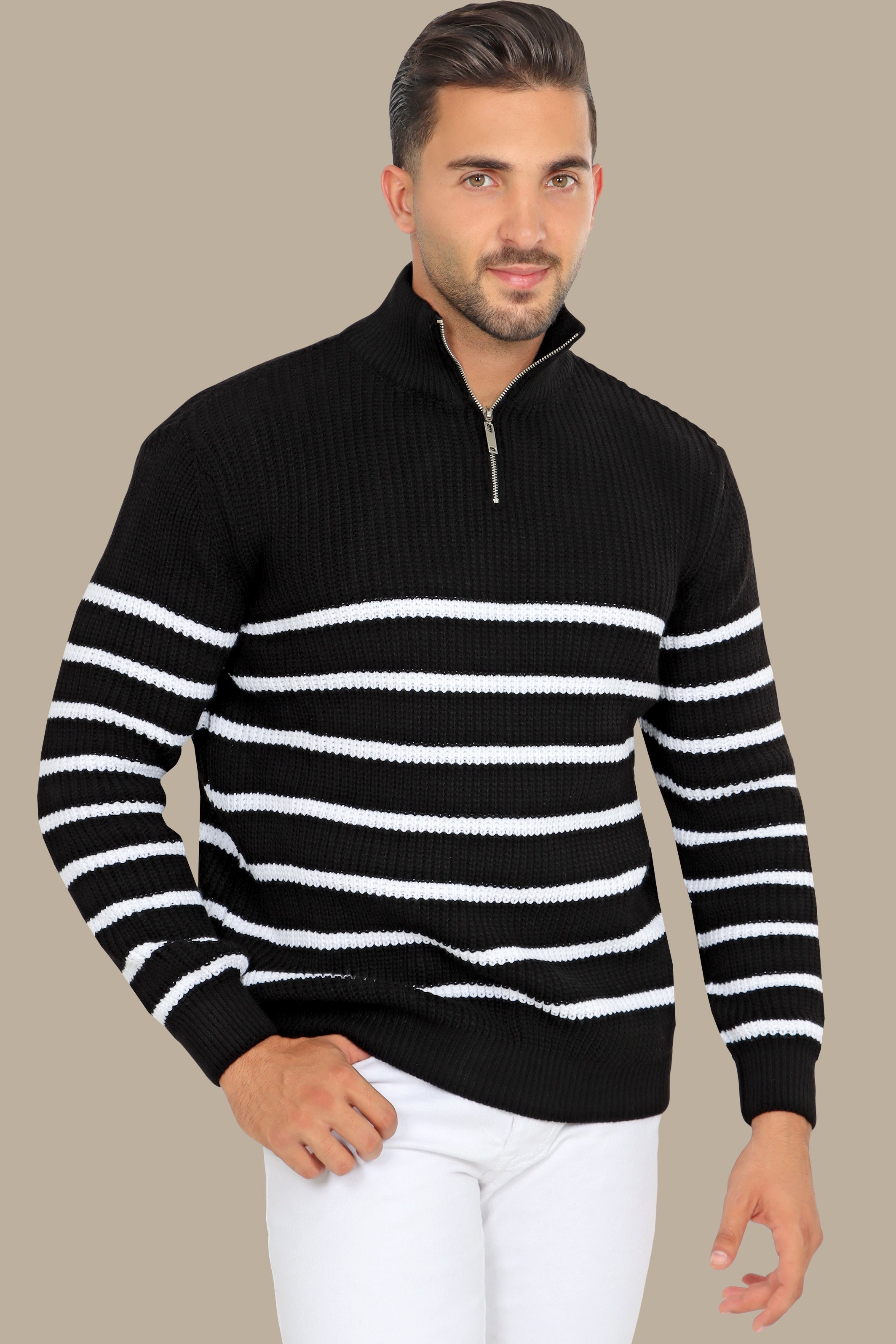 Black Half-Zipper Mercerized Sweater with Small Stripes