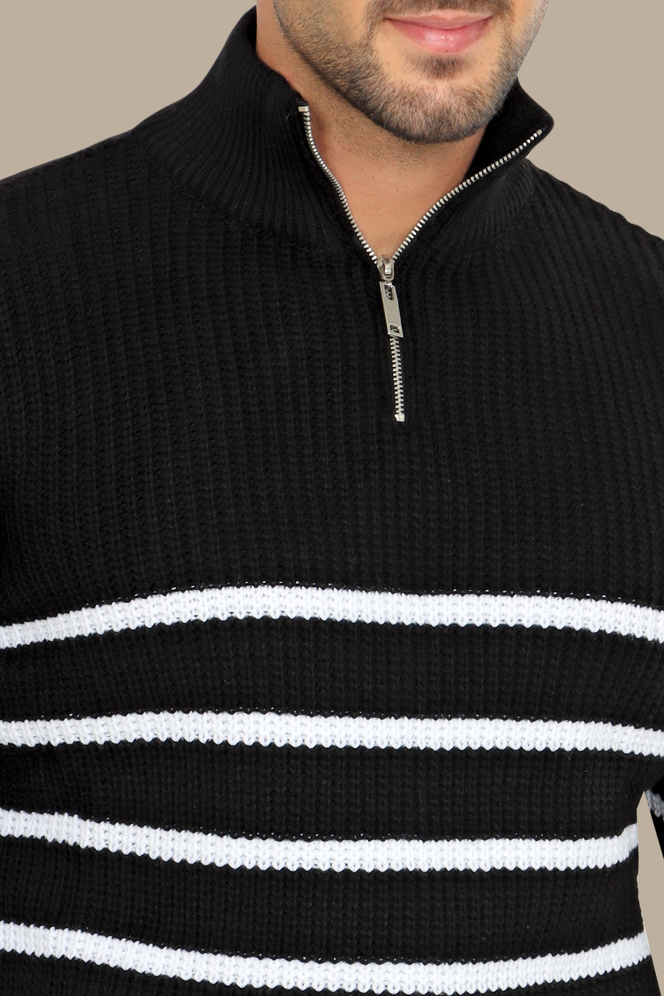 Black Half-Zipper Mercerized Sweater with Small Stripes