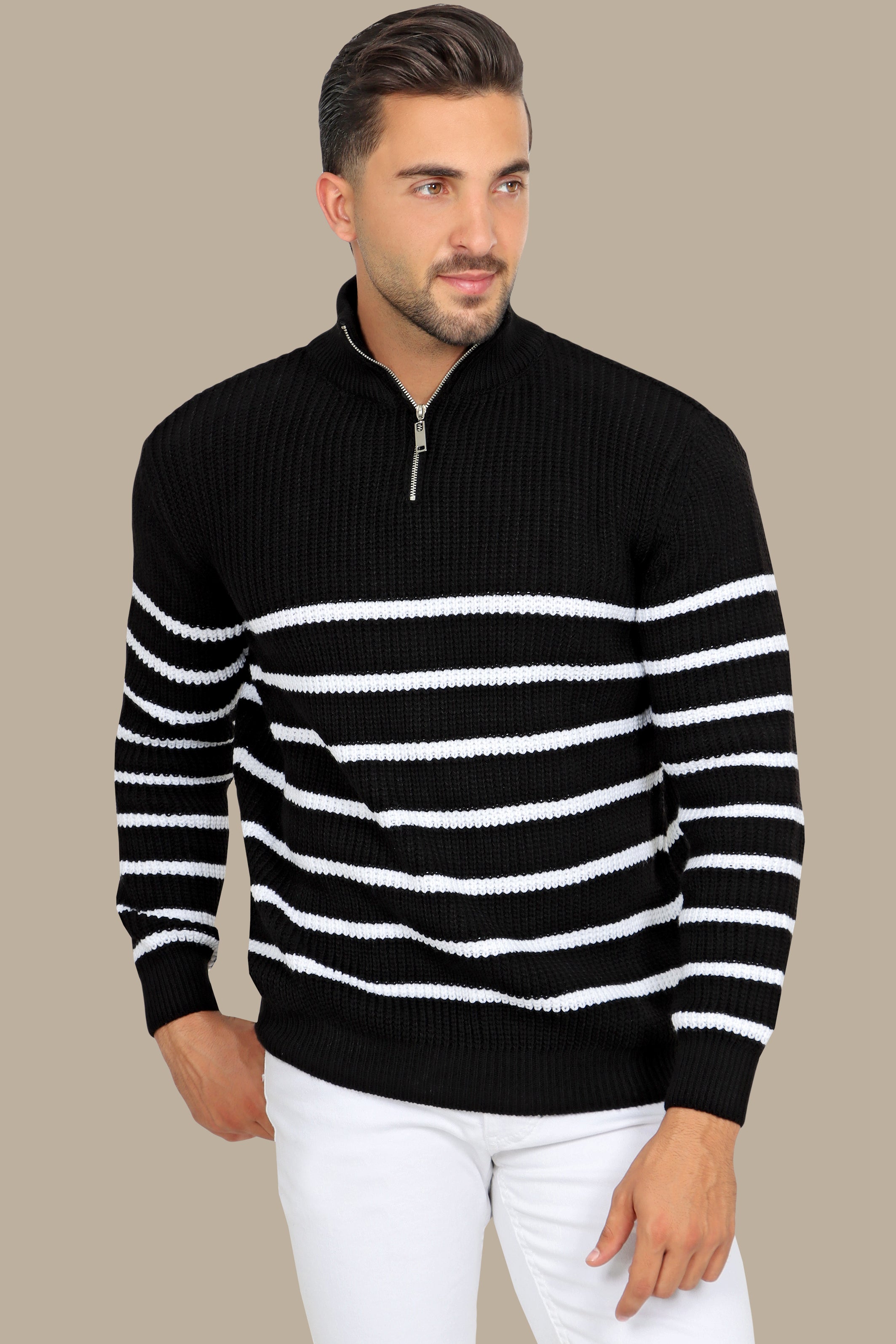 Black Half-Zipper Mercerized Sweater with Small Stripes