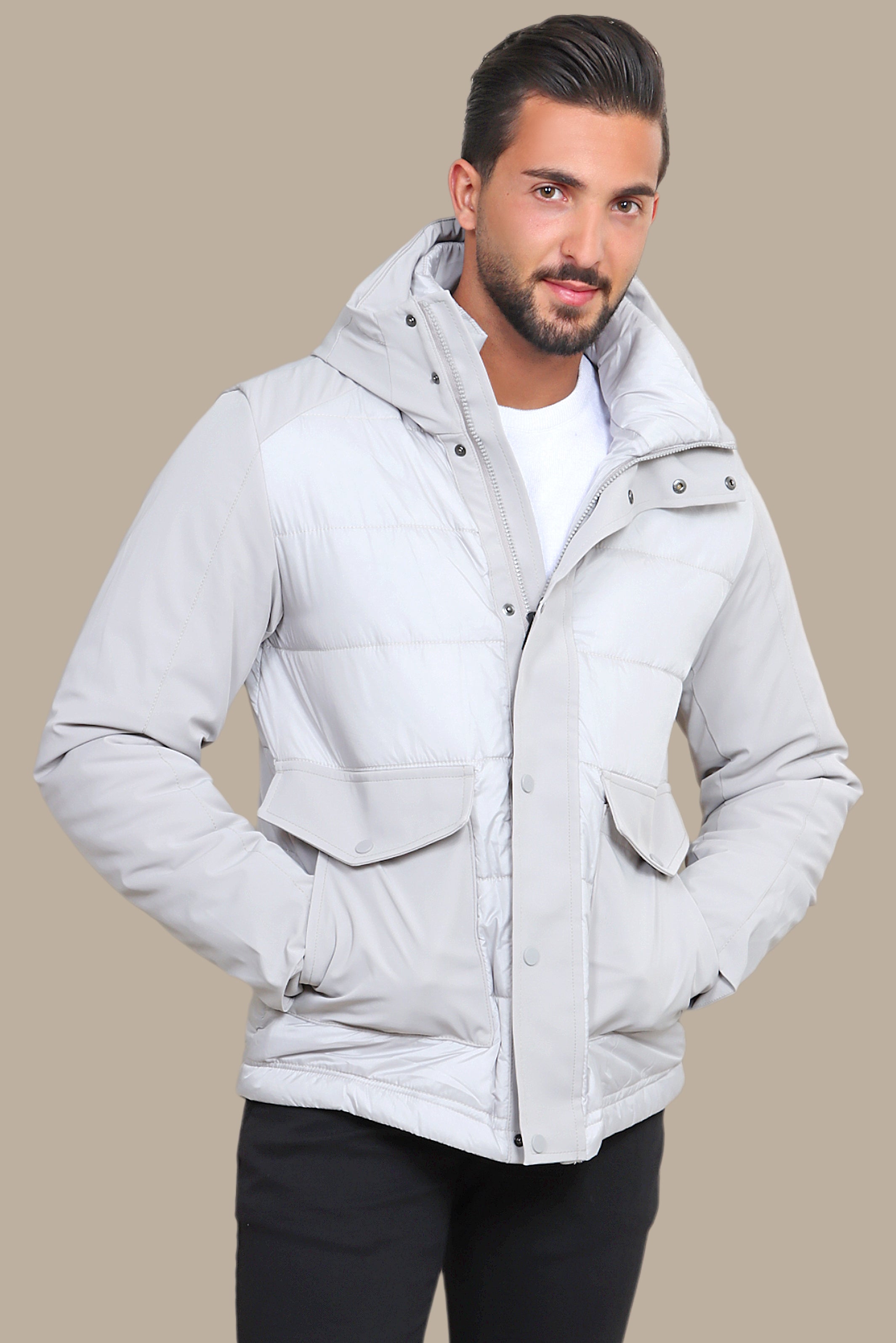 Light Gray Wind Breaker: Stay Stylish and Functional with Two Spacious Pockets