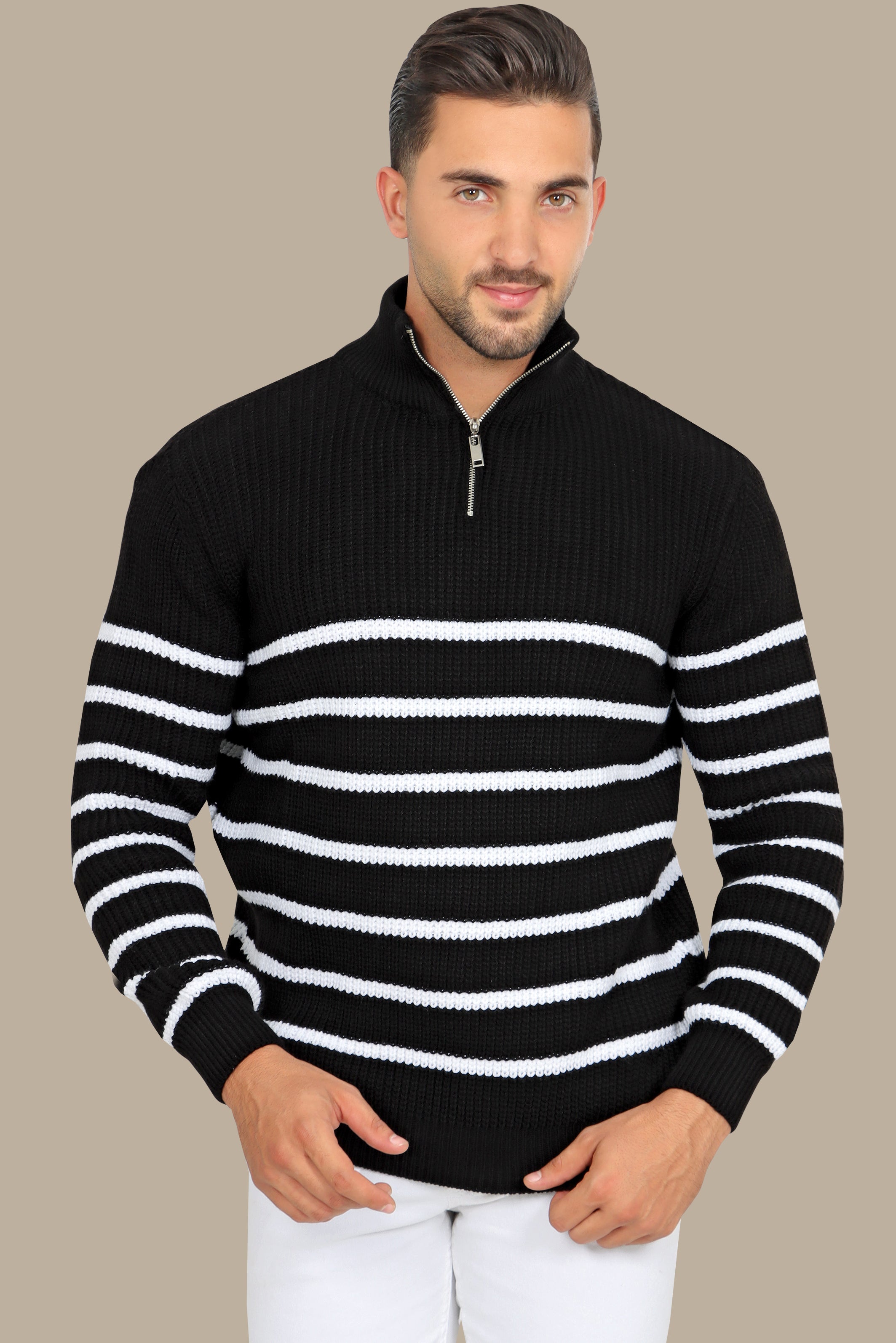 Black Half-Zipper Mercerized Sweater with Small Stripes