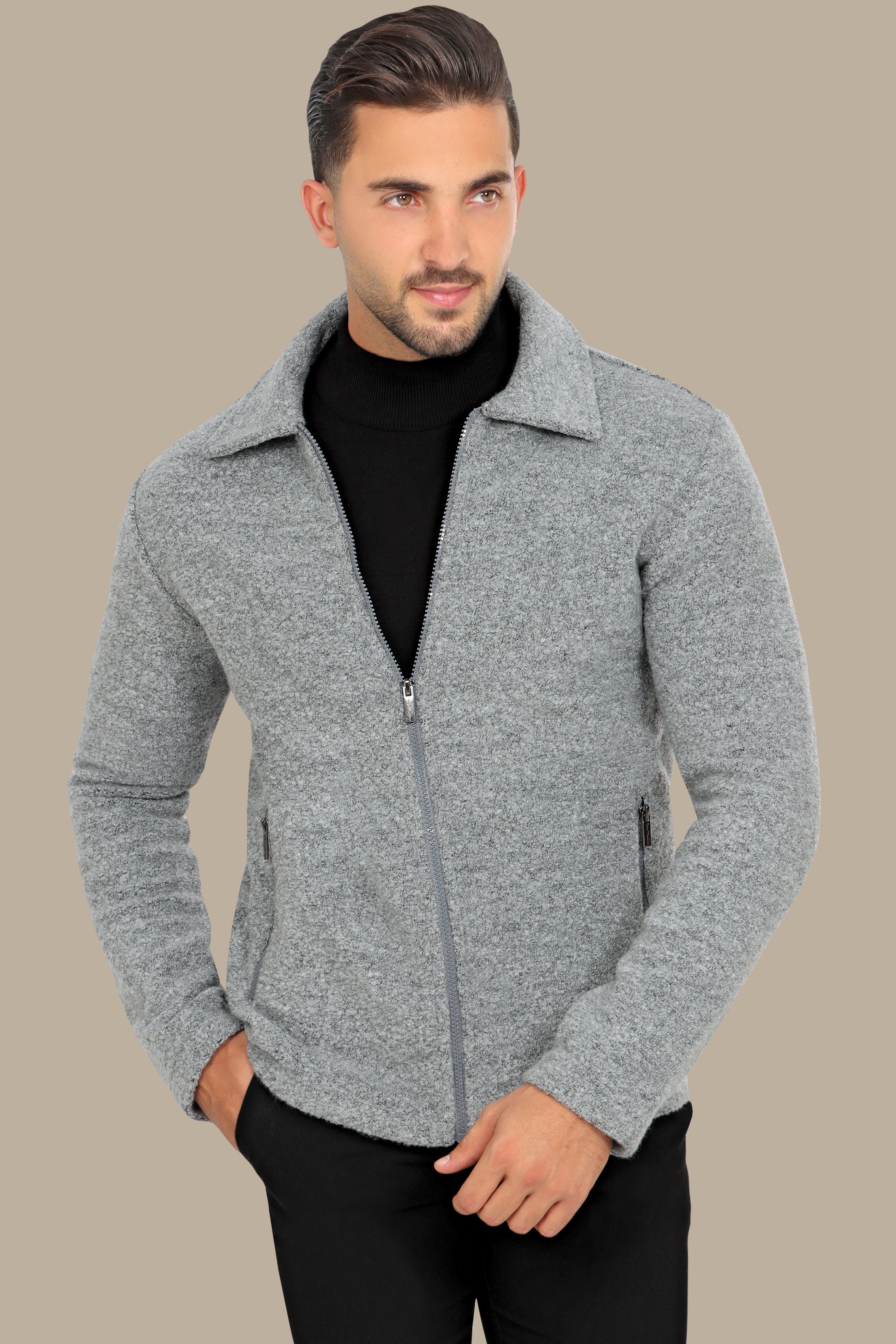 Grey Wool Jacket with Zipper – Elegant & Timeless