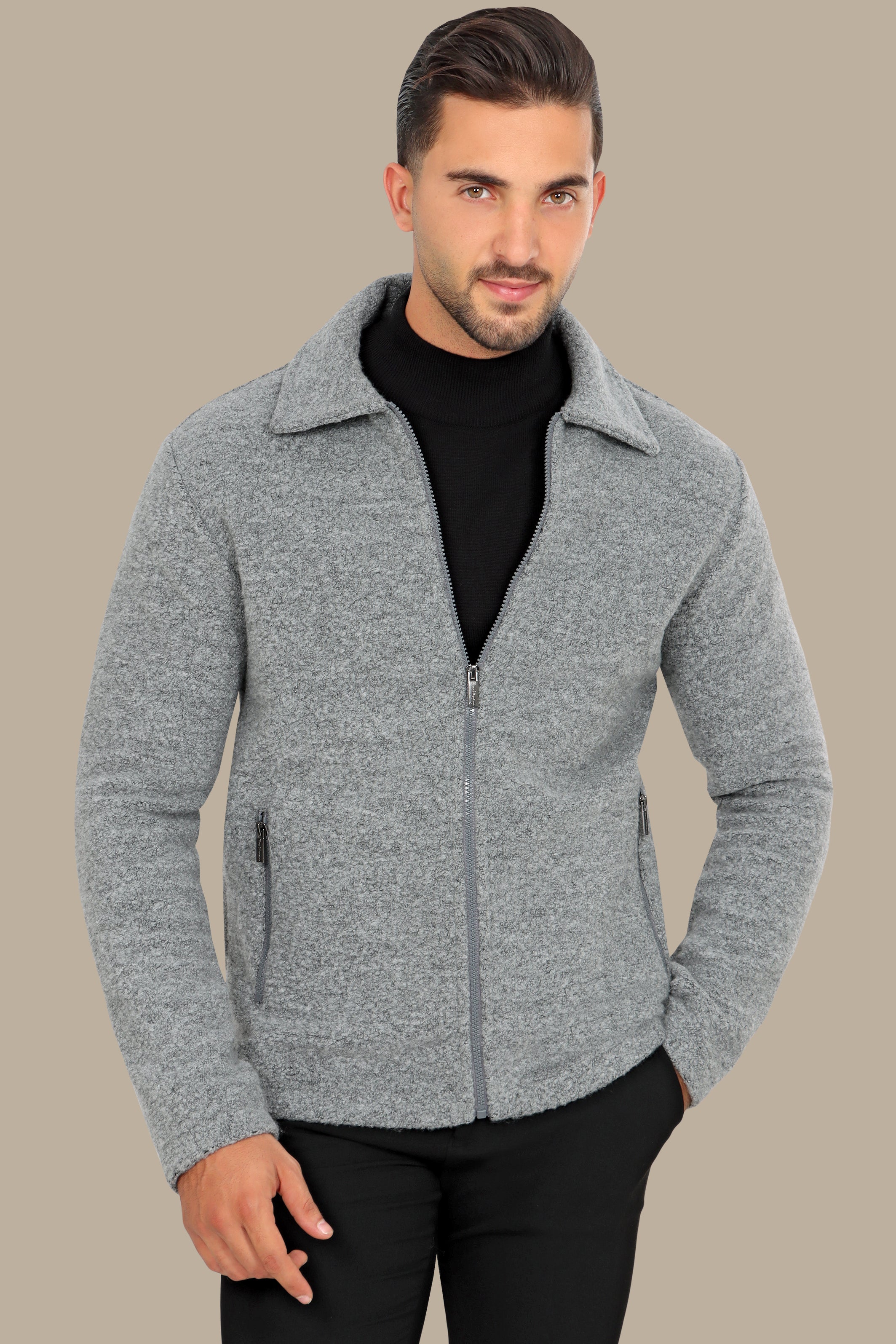 Grey Wool Jacket with Zipper – Elegant & Timeless