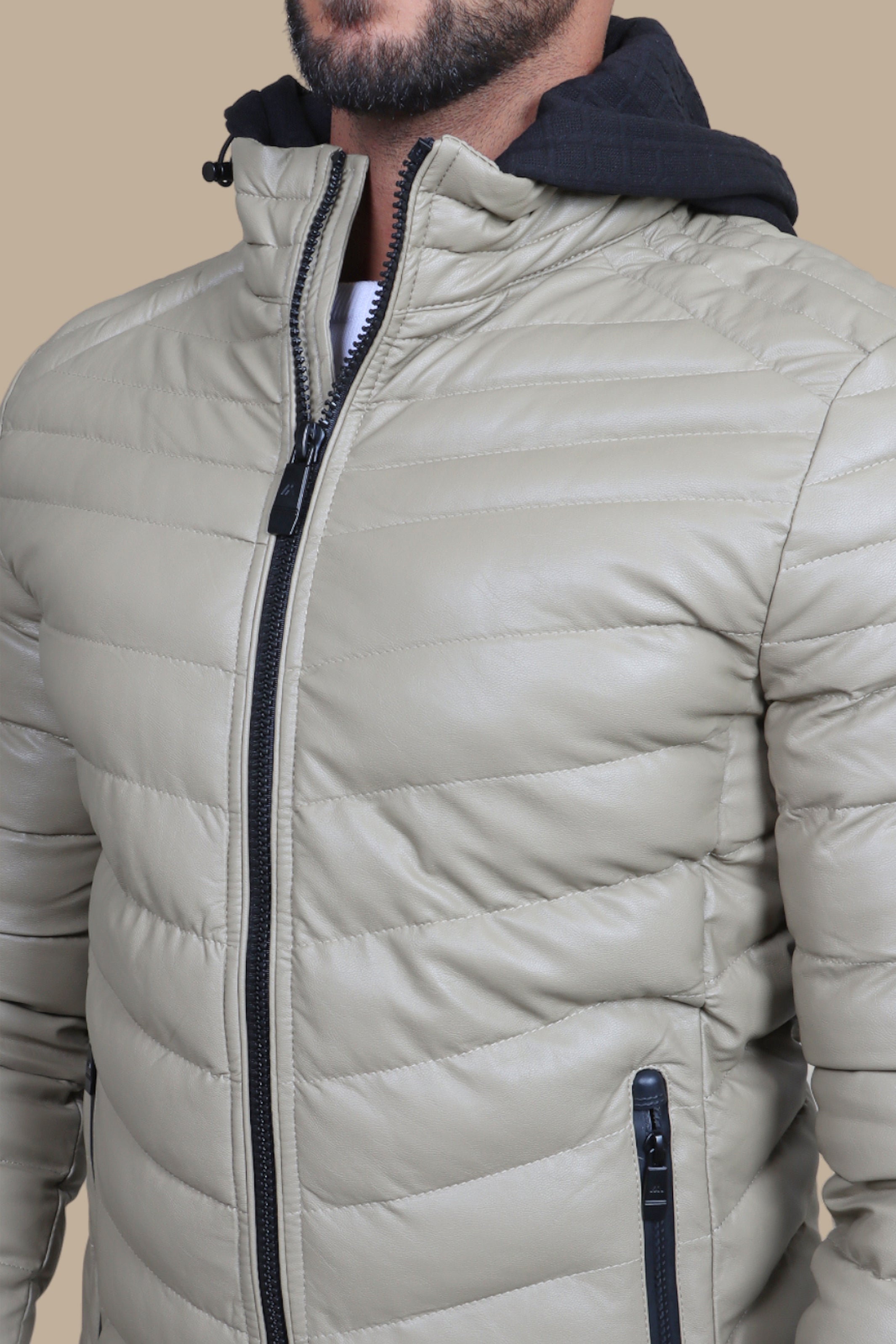 Beige Elegance: Hooded Leather Puffer Jacket