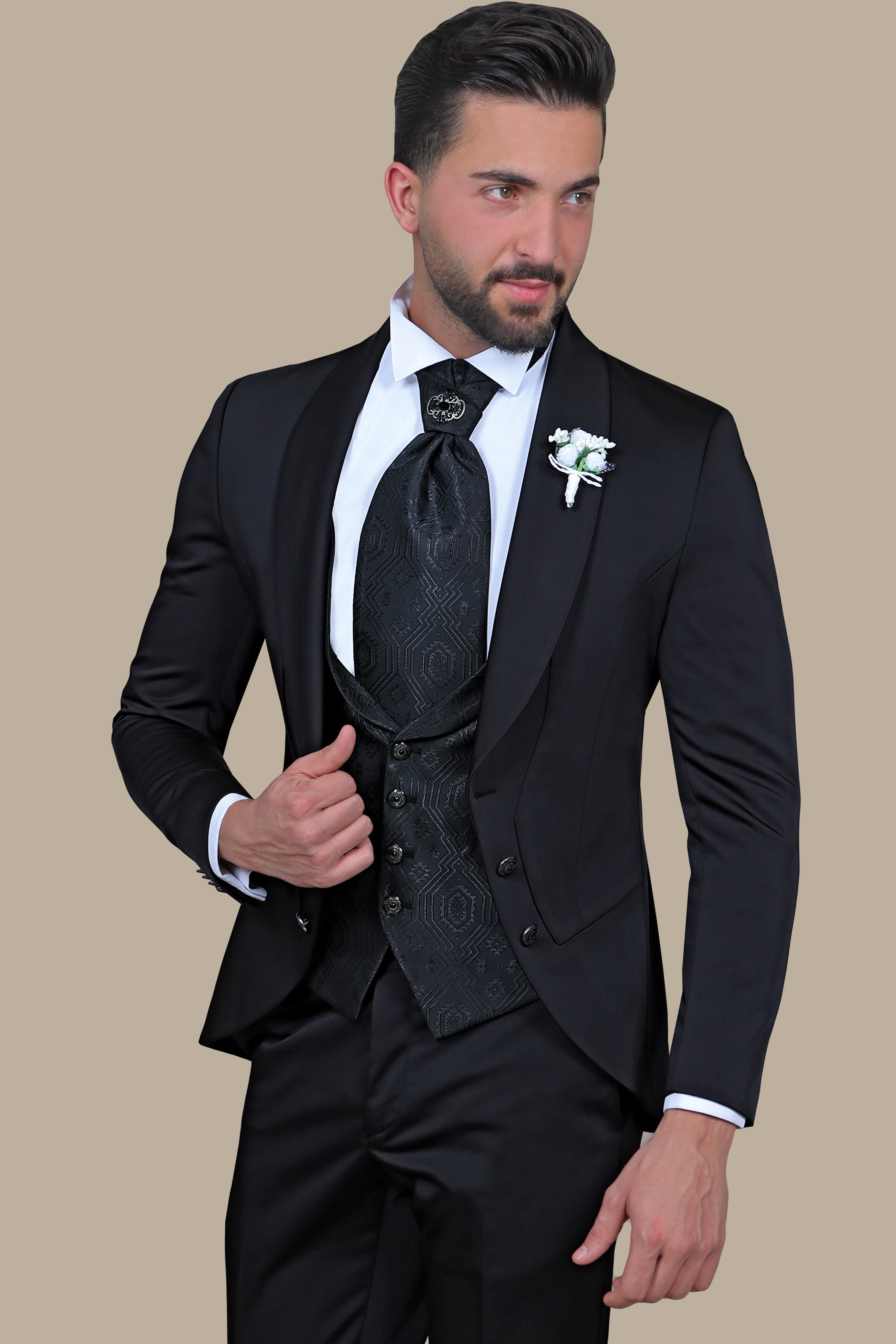 Black 4-Piece Tuxedo with Chale Collar and 6 Buttons