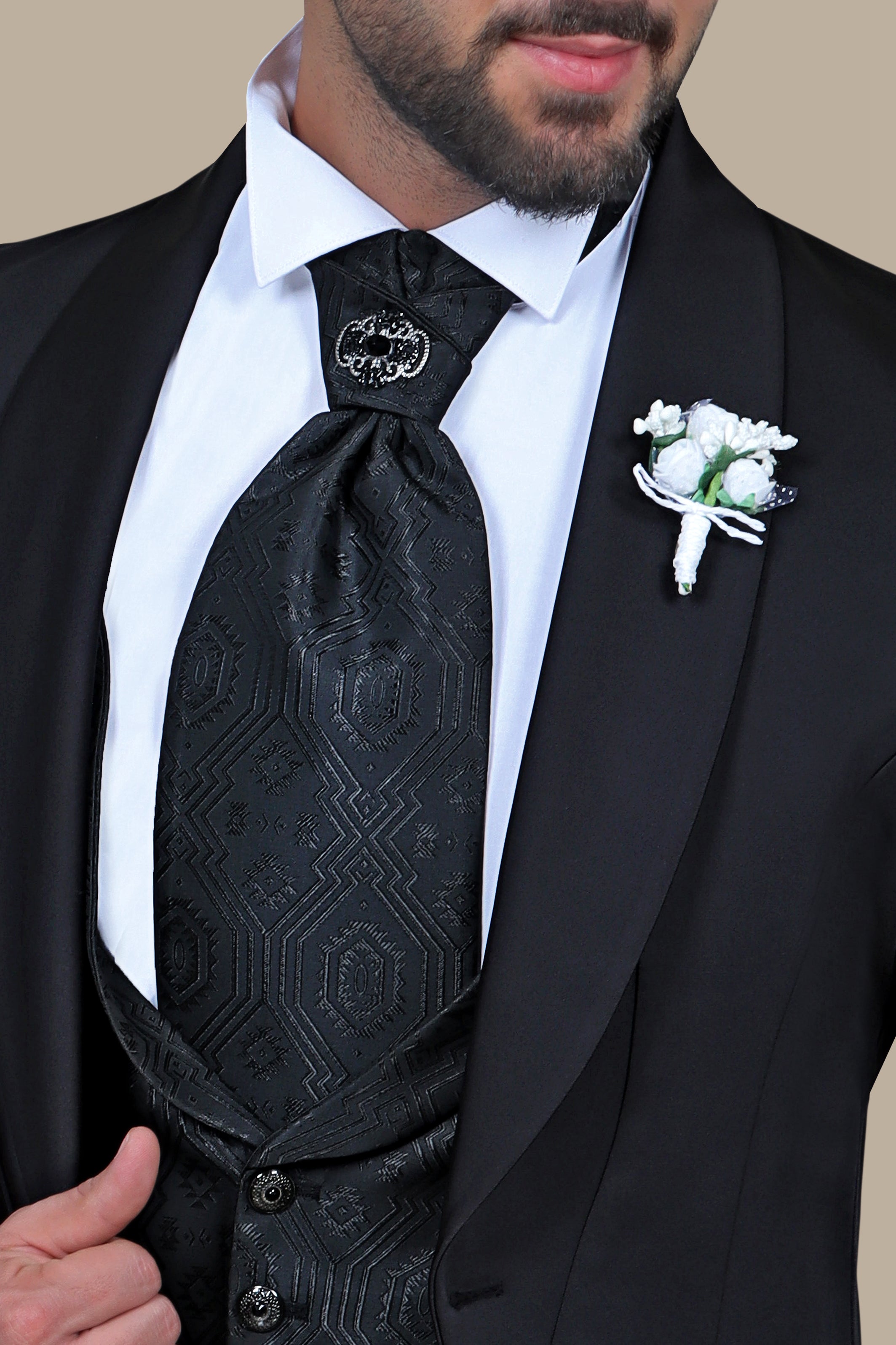 Black 4-Piece Tuxedo with Chale Collar and 6 Buttons