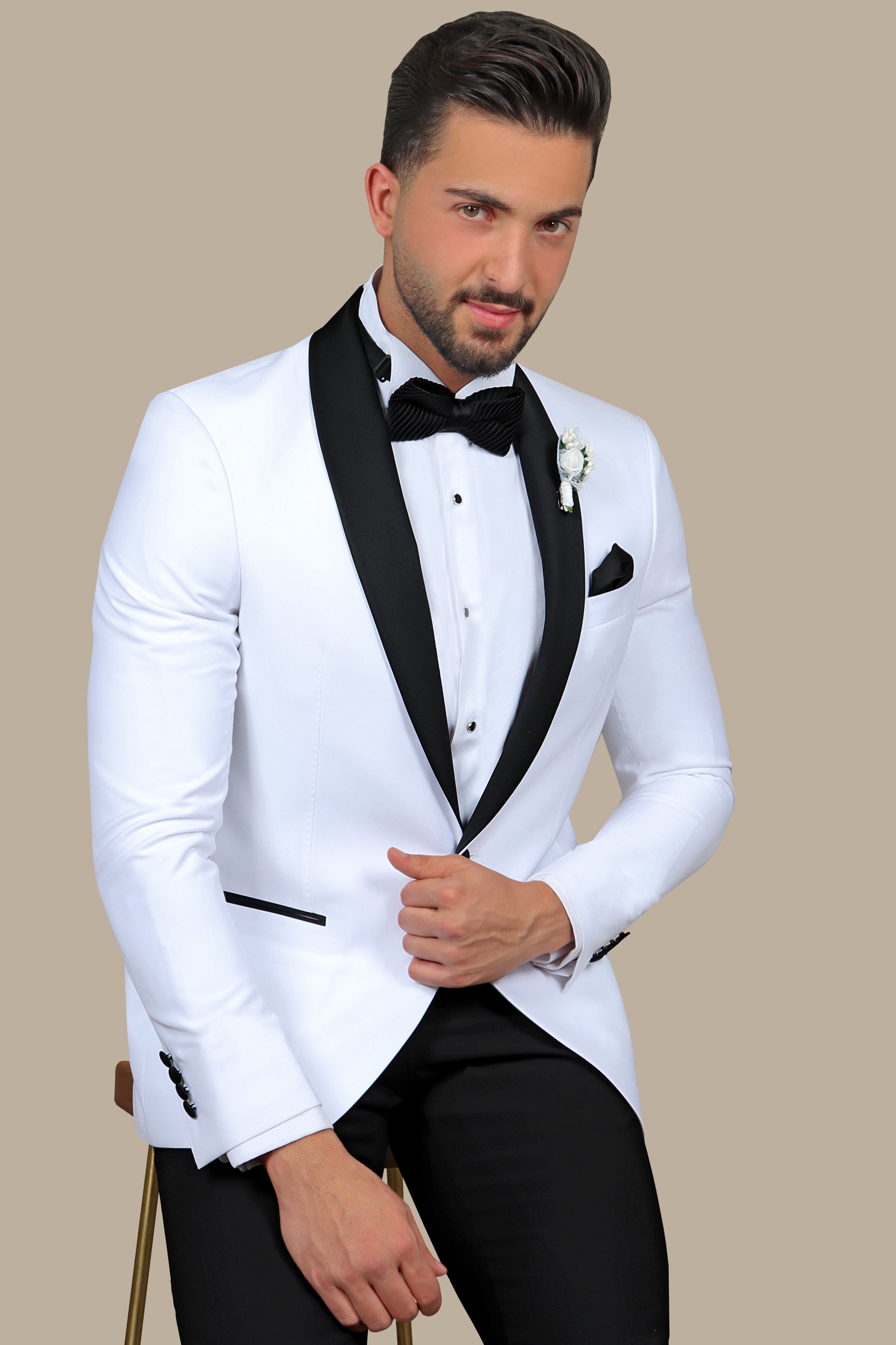 White Tuxedo with Col Chale Collar