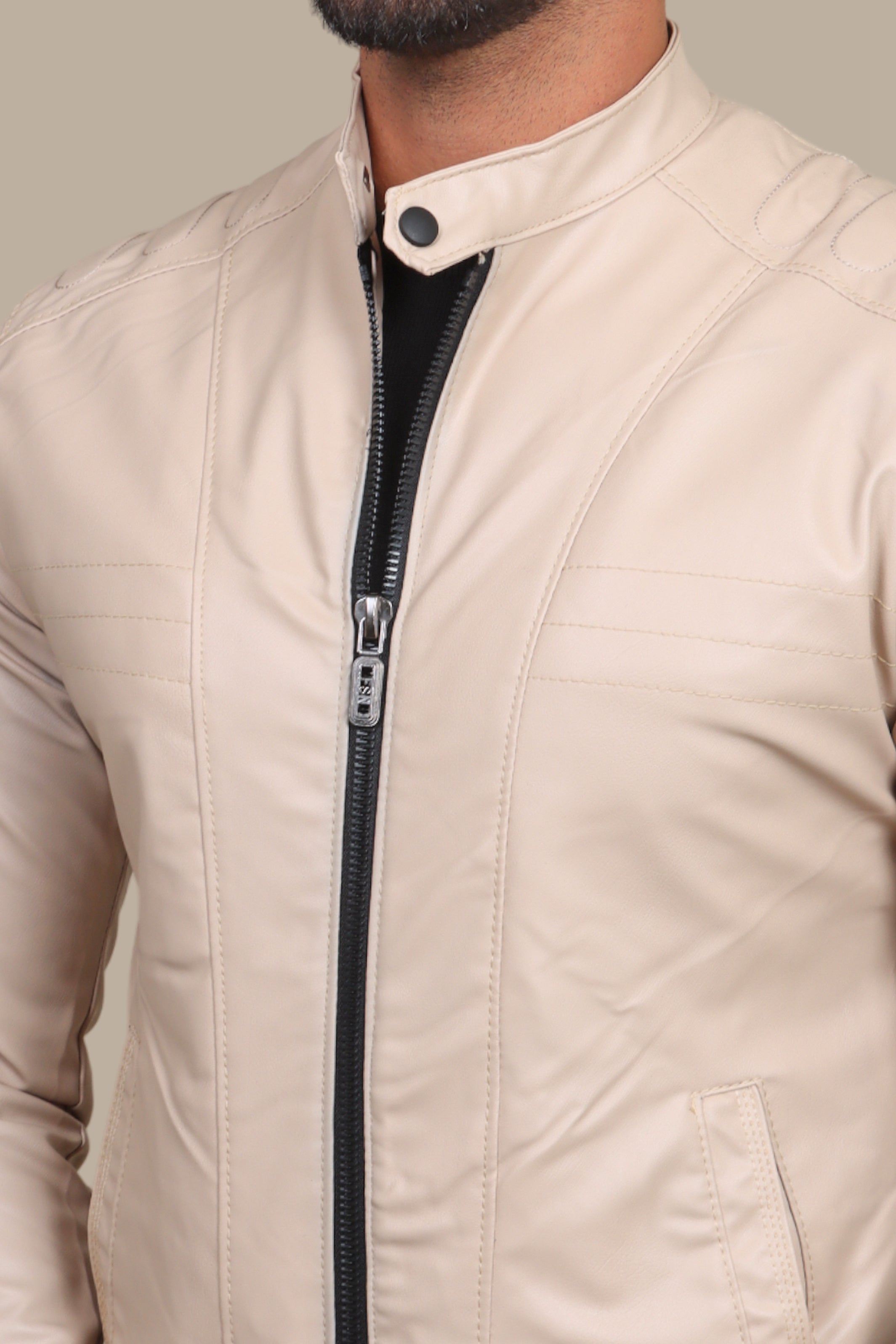 Beige Chic: Faux Leather Biker Jacket with Mao Collar