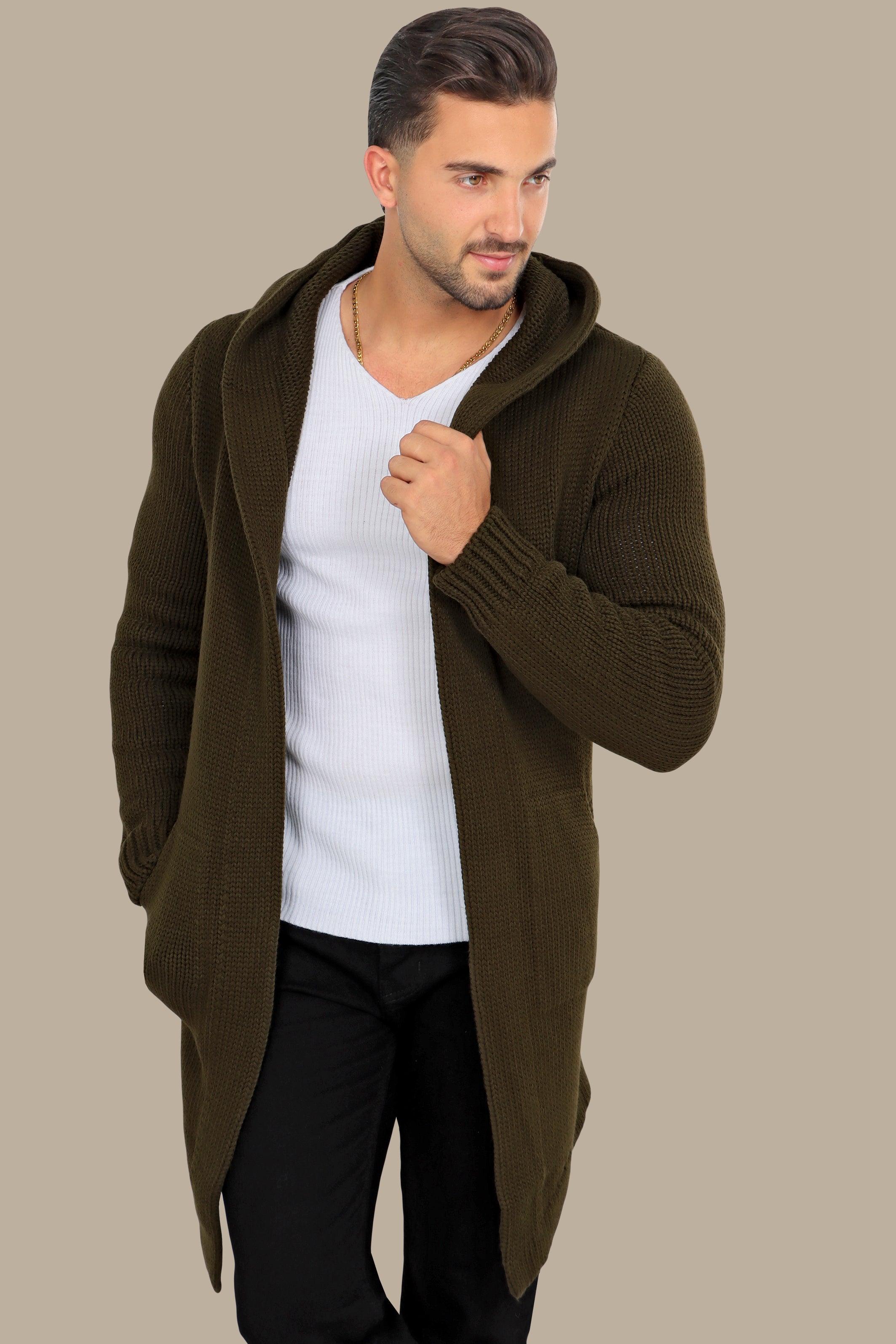 Chic Comfort: Khaki Mercerized Cotton Cardigan with Hat