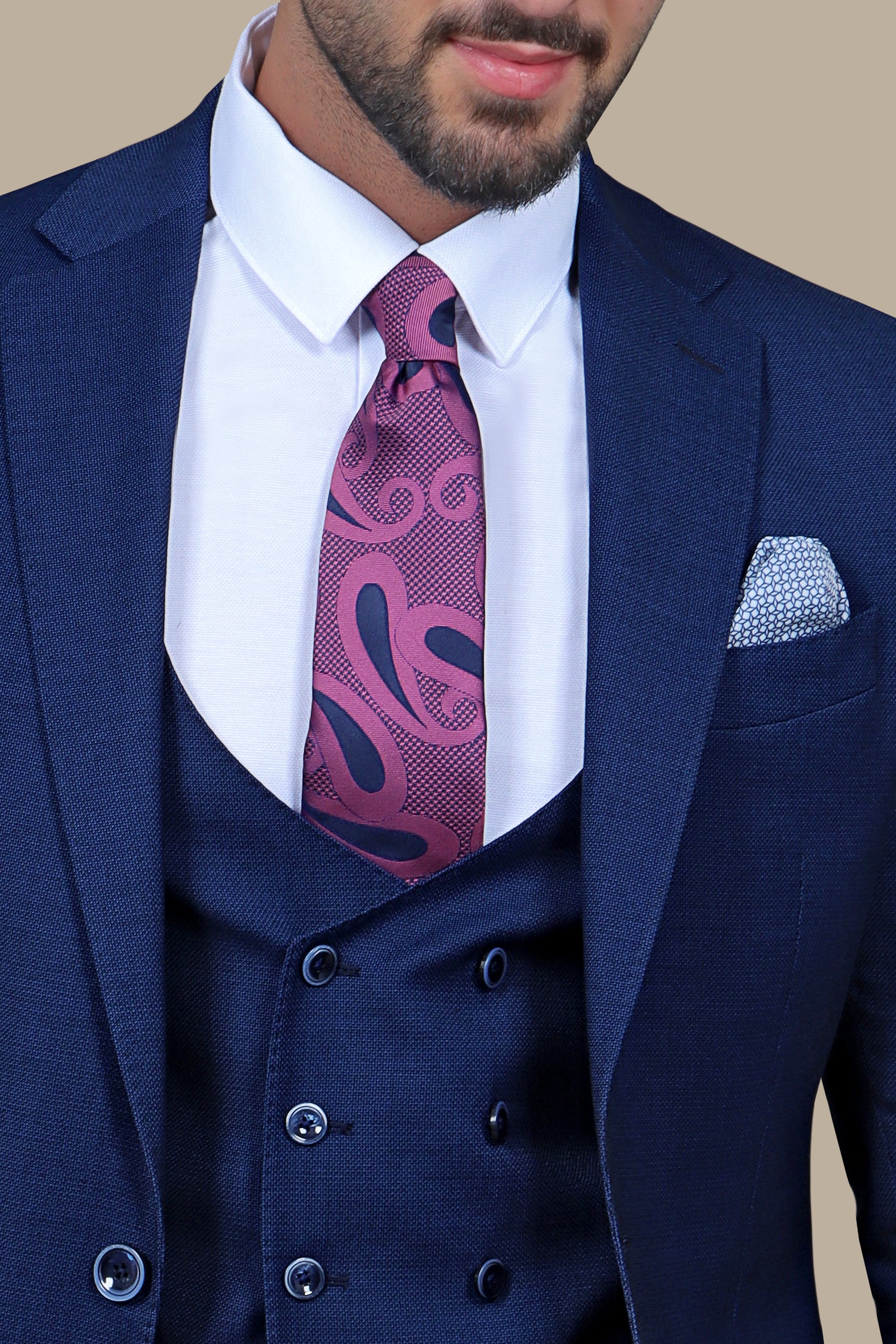 Navy Elegance: Filafil Lycra Notch 3-Piece Suit