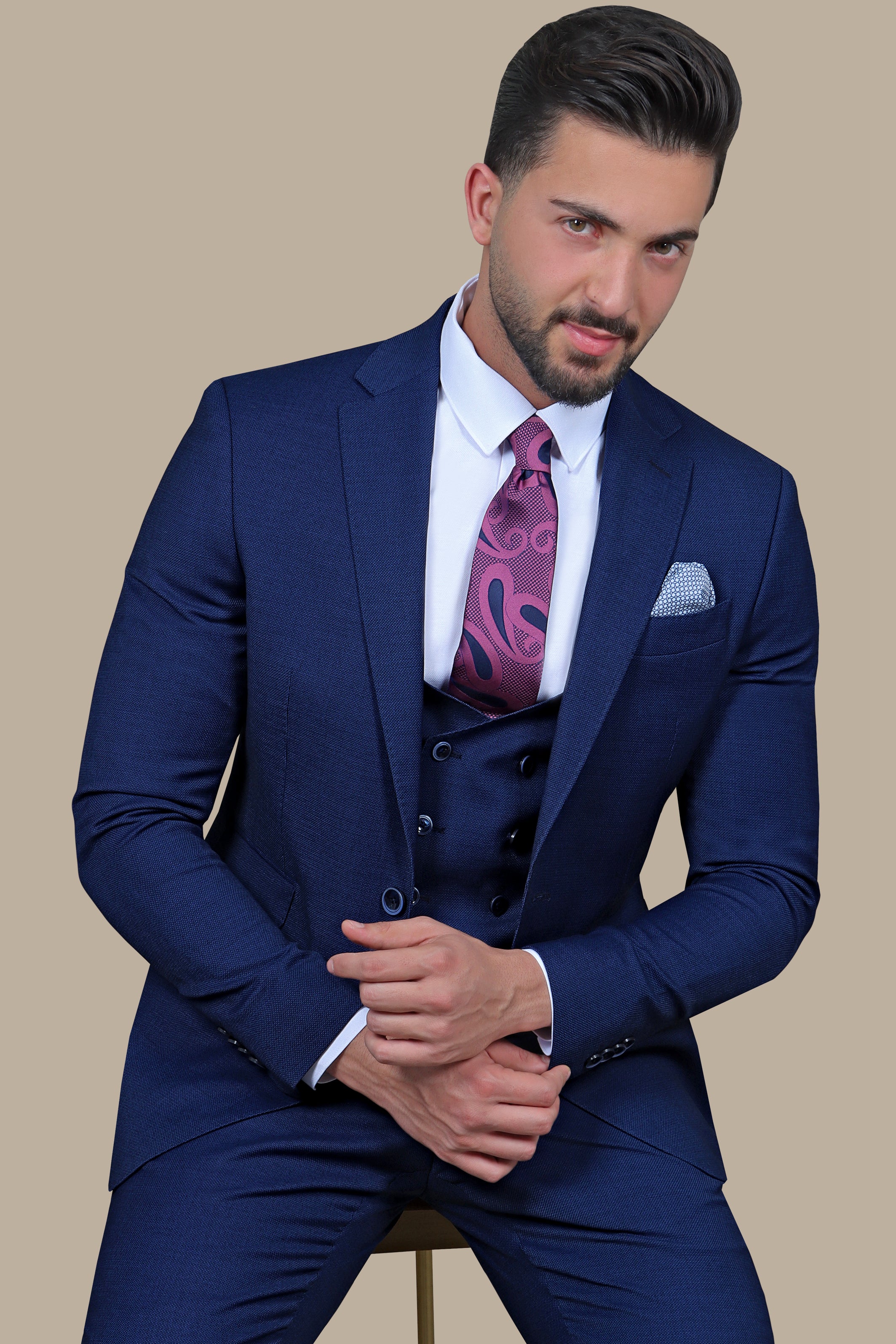 Navy Elegance: Filafil Lycra Notch 3-Piece Suit